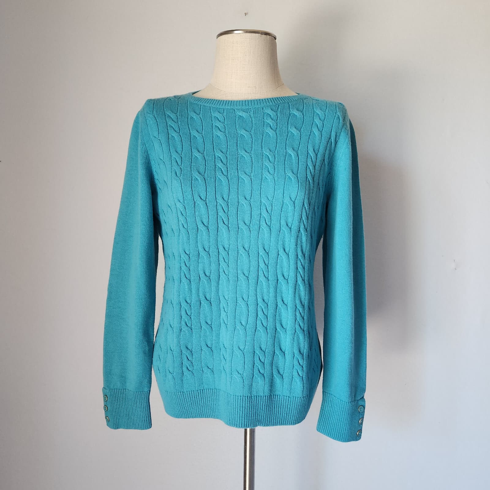 NWoT Talbots Lambswool Blend Button Cuff Cable Knit Sweater Crewneck Blue Sz.M/L