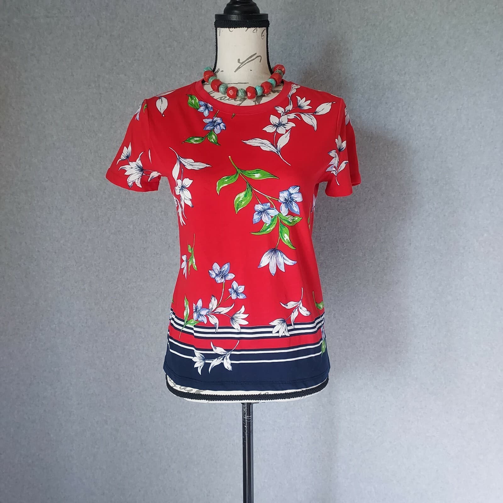 Lauren Ralph Lauren Marrim Floral Jersey Top Short Sleeve Crew Neck Red Women S