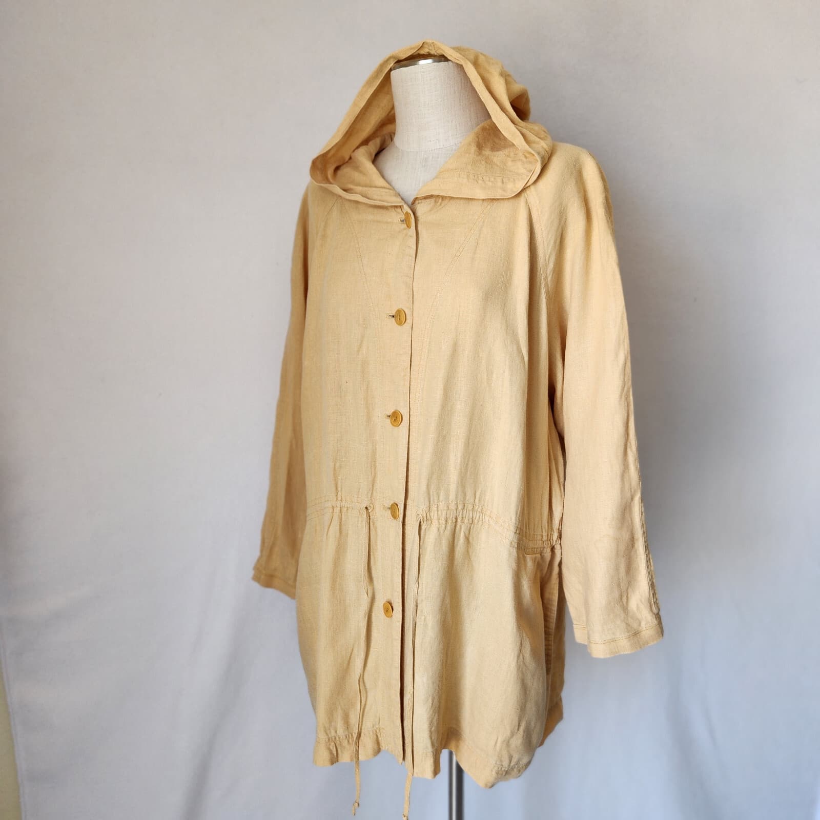 Vintage AKA Eddie Bauer Linen Hooded Jacket Button Pocket Tie-Waist Yellow Sz.XL