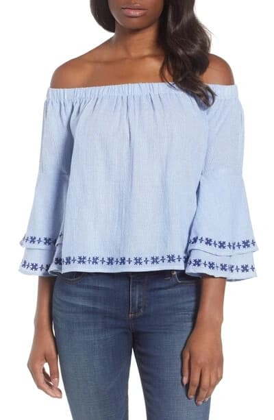 Lucky Brand Pinstriped Embroidered Off Shoulder Top Ruffle Cotton Blue Women's L