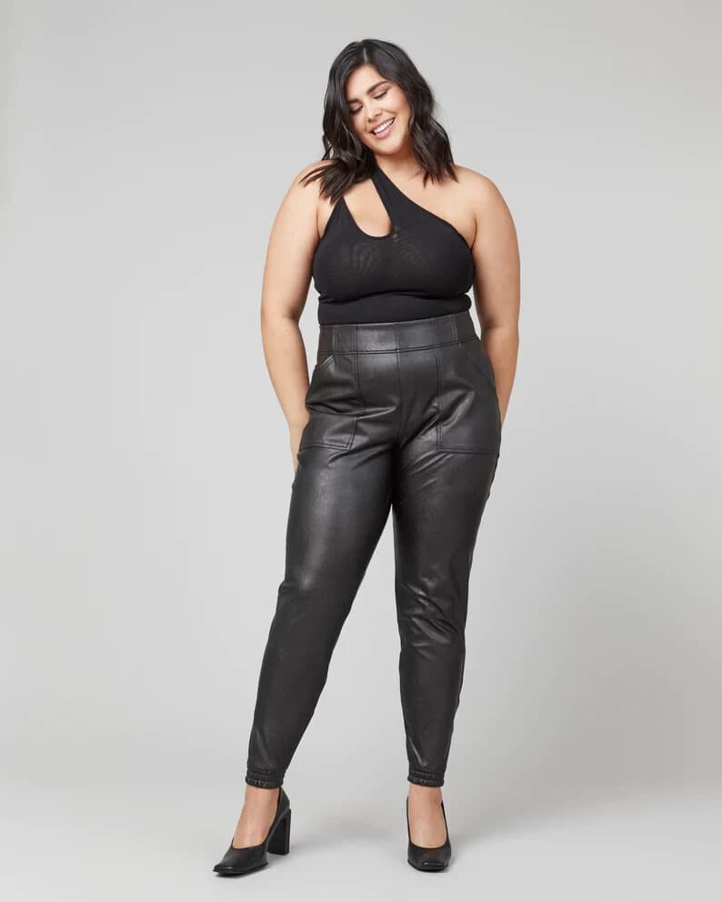 SPANX Faux Leather Jogger Pants Pull-On Elastic Waist Pocket Black Women's XL