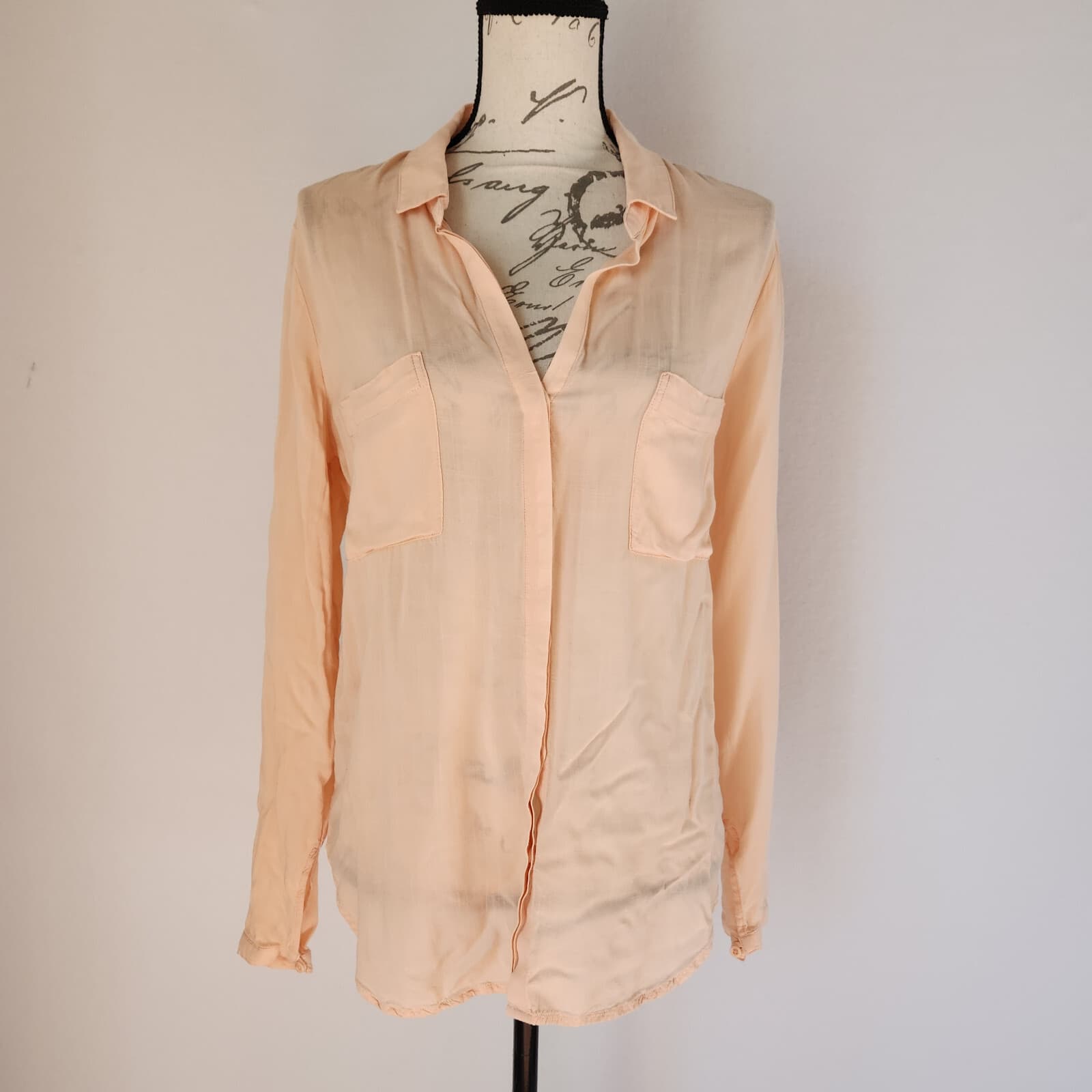 Cloth & Stone Button-Up Tunic Shirt Pocket Long Sleeve Rayon Peach-Orange Sz.M
