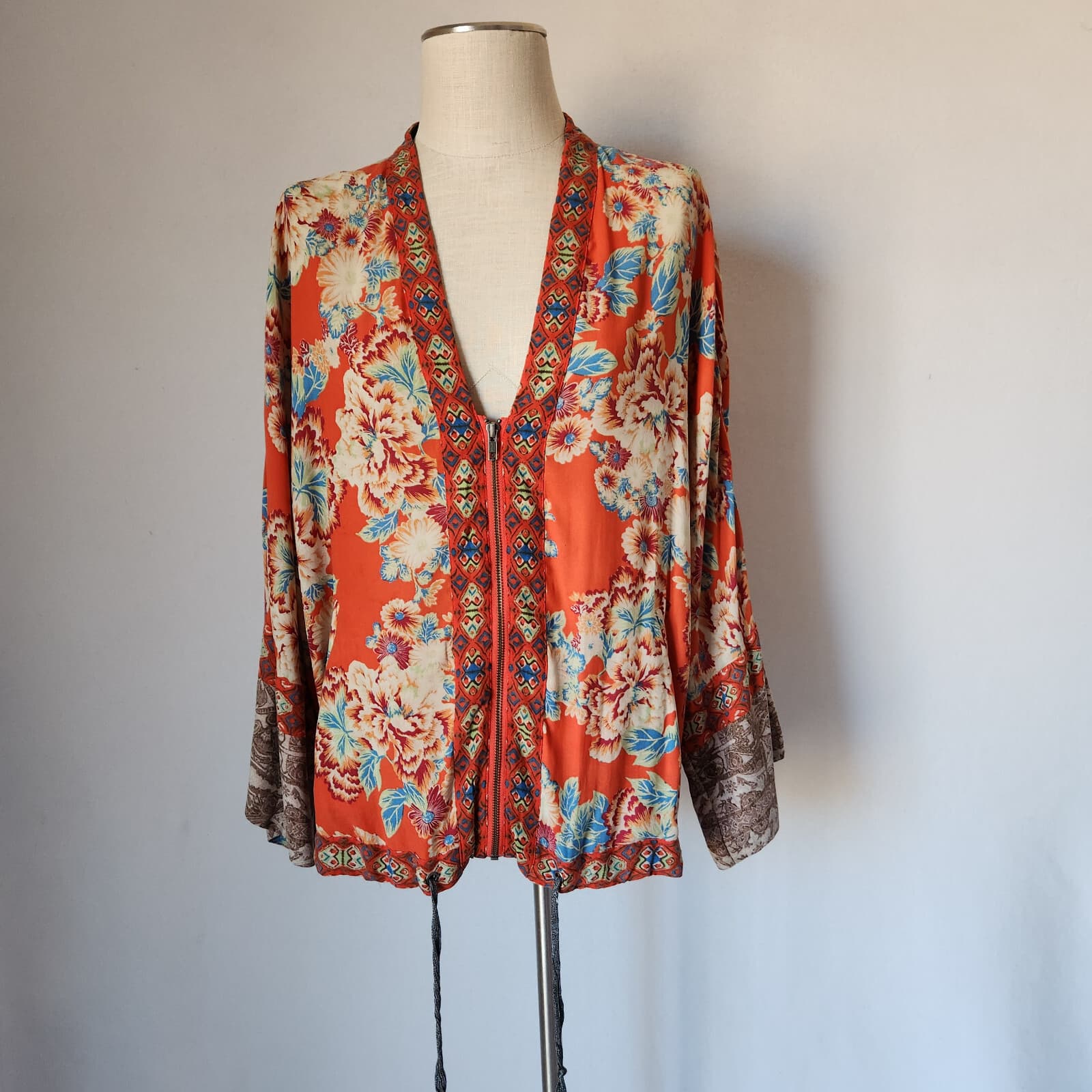 Free People Wildflower Kimono Zip-Up Jacket Pocket Cinch Tie Chiffon Orange Sz.M