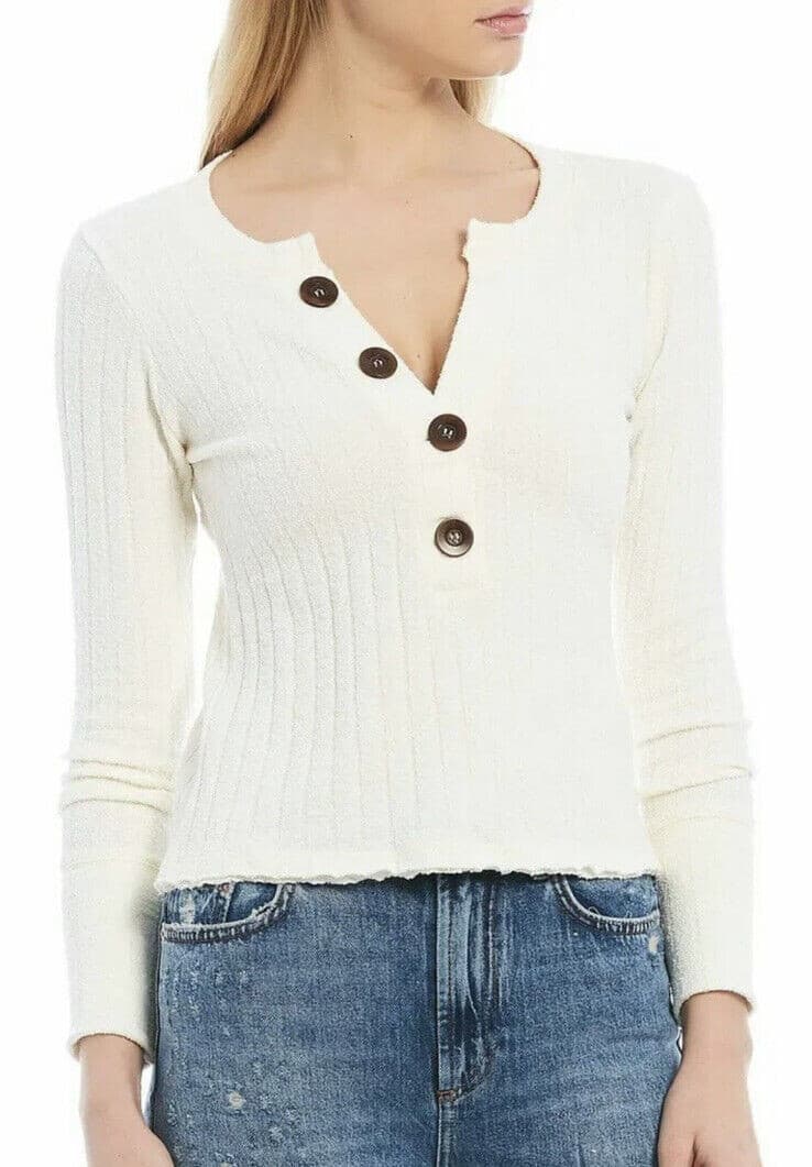 We The Free Oliver Henley Ribbed Knit Long Sleeve Top Sweater Ivory Women's S
