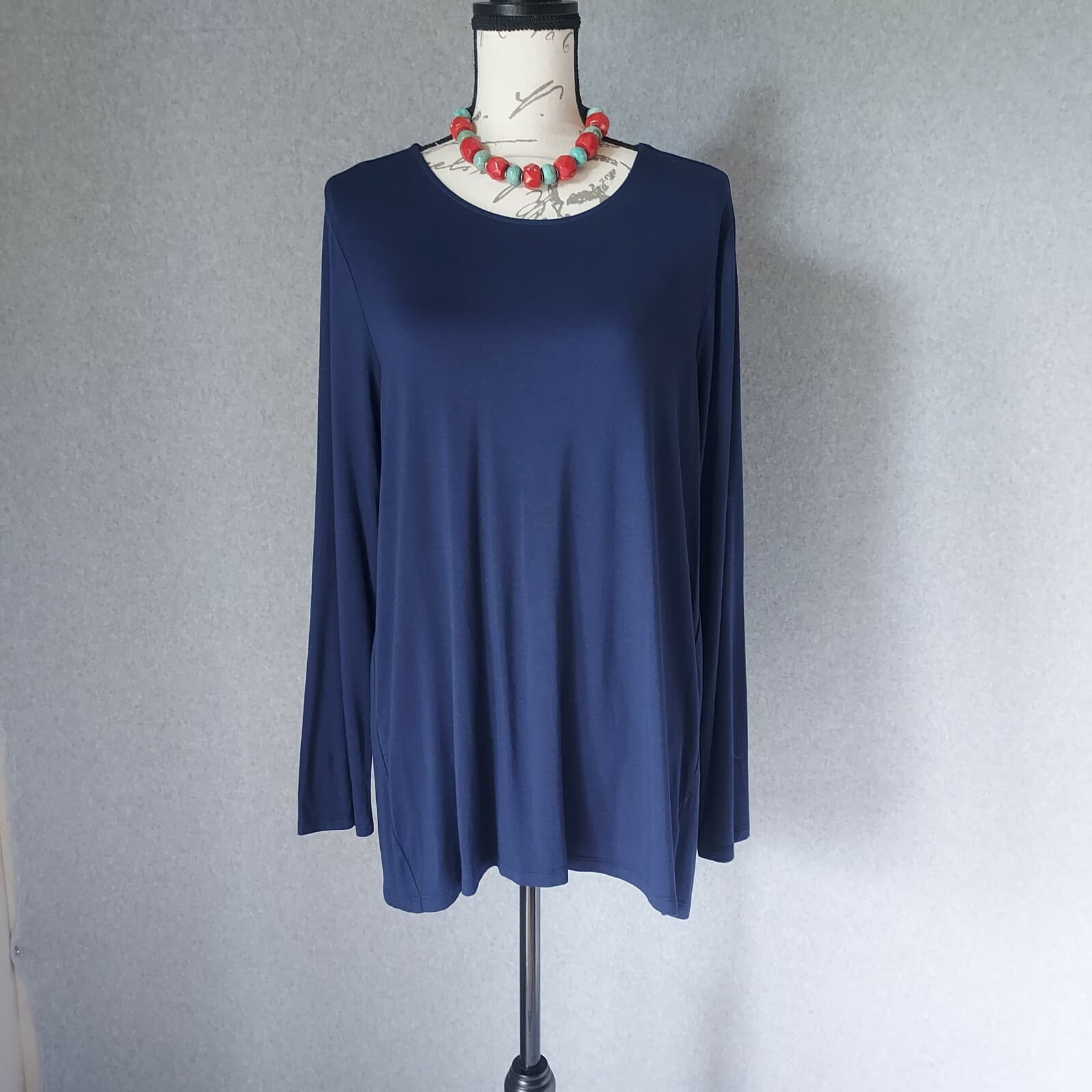 Saks Fifth Avenue Iconic Fit Tunic Top T-Shirt Long Sleeve Navy Blue Women XL