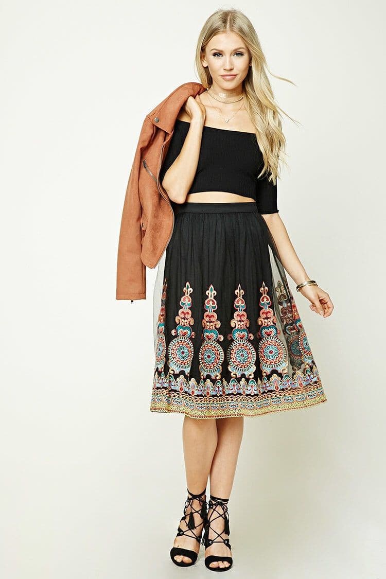 Forever 21 Mesh Ornate Embroidered Tulle Skirt Knee Length Lined Zip Black Sz.M