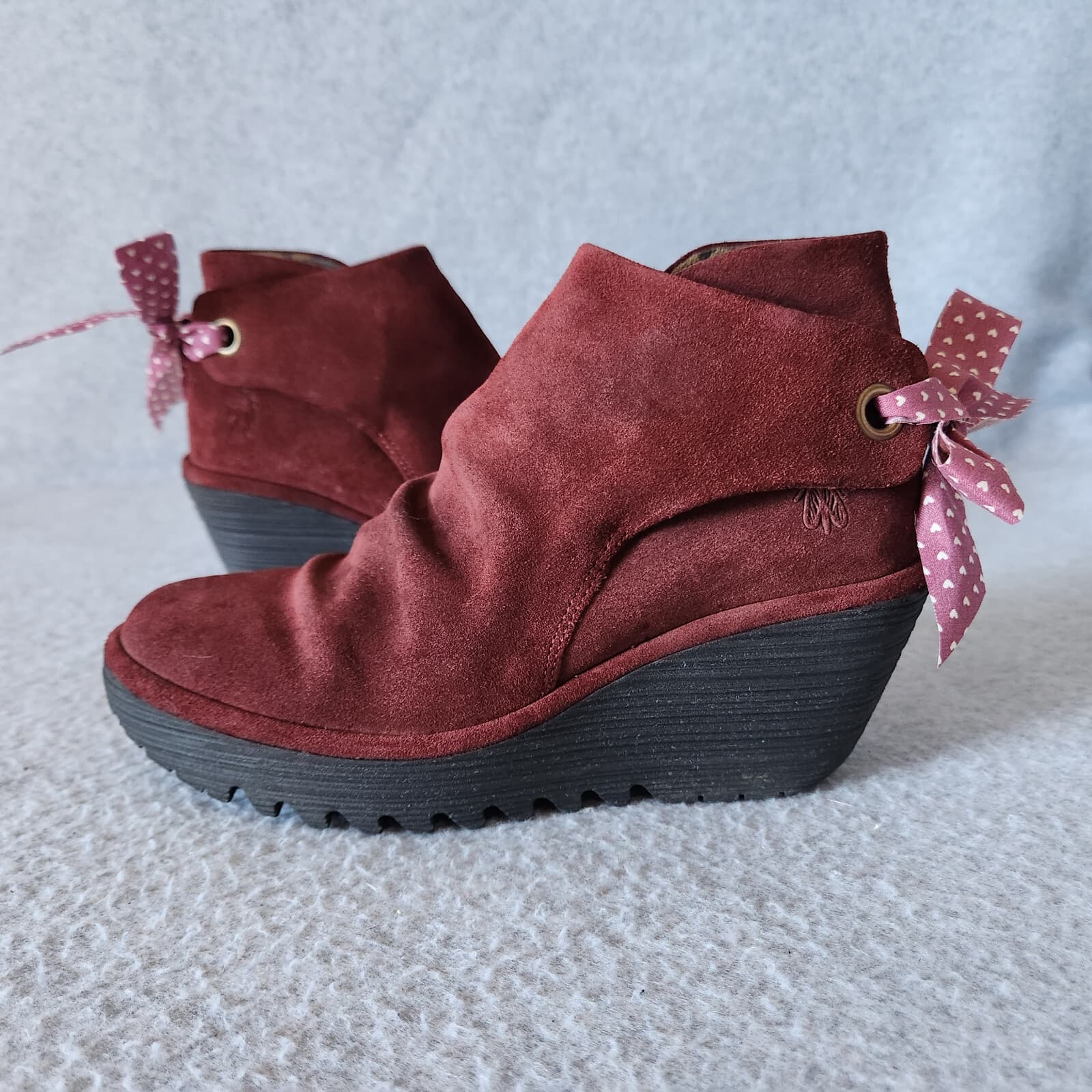 FLY LONDON Yama Rust Oil Suede Tie-Back Wedge Ankle Boots Red-Brick Women's EU37