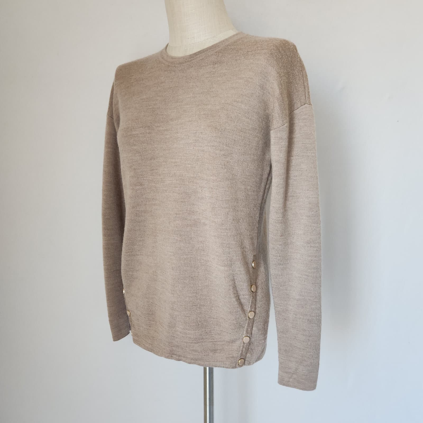 J.McLaughlin $258 Lucie Wool Crewneck Sweater Snap-Button Detail Beige Women's S