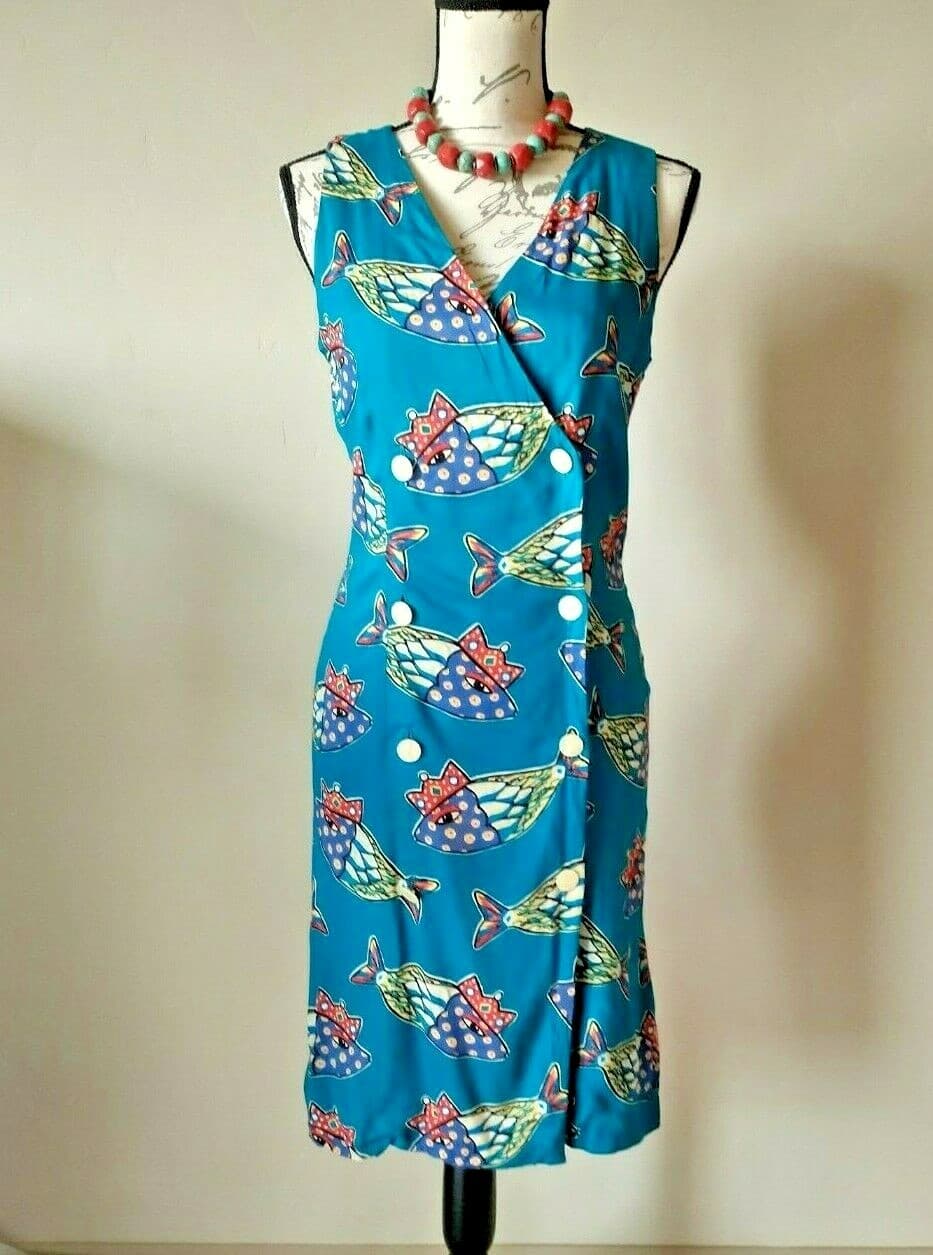 Vintage EILEEN WEST Sheath Dress Colorful Fish Printed Sleeveless Rayon Sz.6 USA