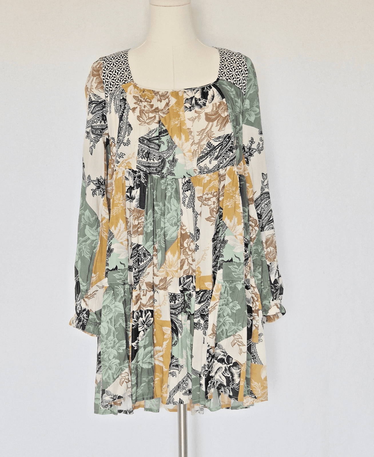 NWoT Anthropologie Tiered Tunic Mini Dress Long Sleeve Modal Mixed Printed Sz.S