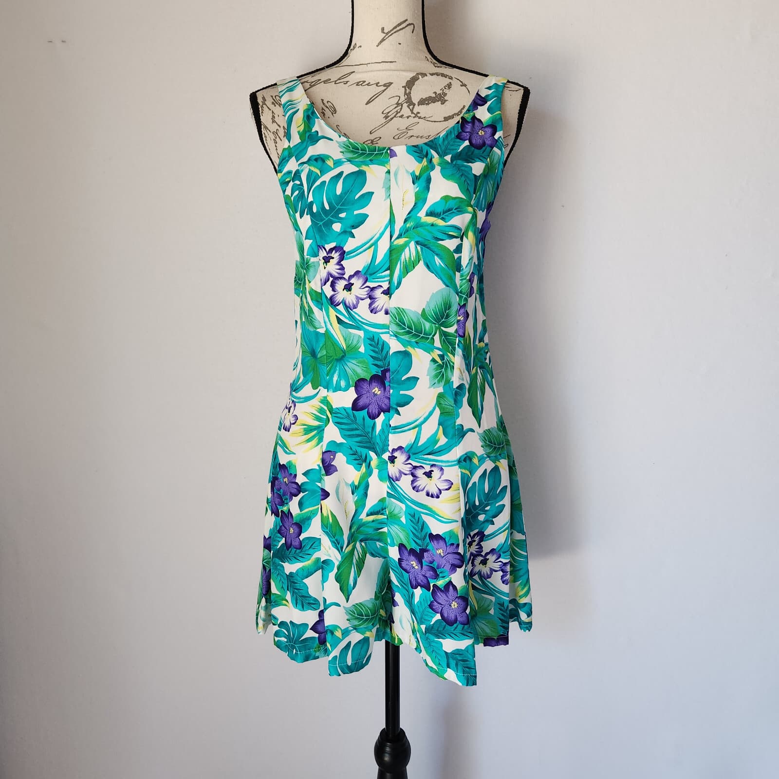 Paradise Bay Hawaiian Tropical Floral Romper Sleeveless Zip Rayon Green Sz.M USA