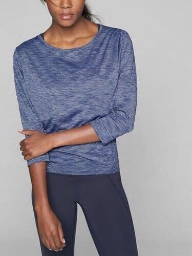 ATHLETA Monarch Tie-Back Activewear Top Shirt 3/4 Sleeve Scoop Neck Blue Women S