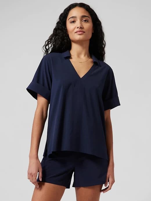 ATHLETA Northbound Top Shirt Short Sleeve V-Neck Collar Dark Navy Blue Women S