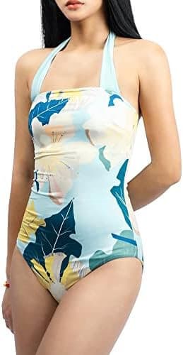 NWT NU-JUNE UPF 50+ Floral Halter High Cut Padded One Piece Swimsuit Blue Sz.M