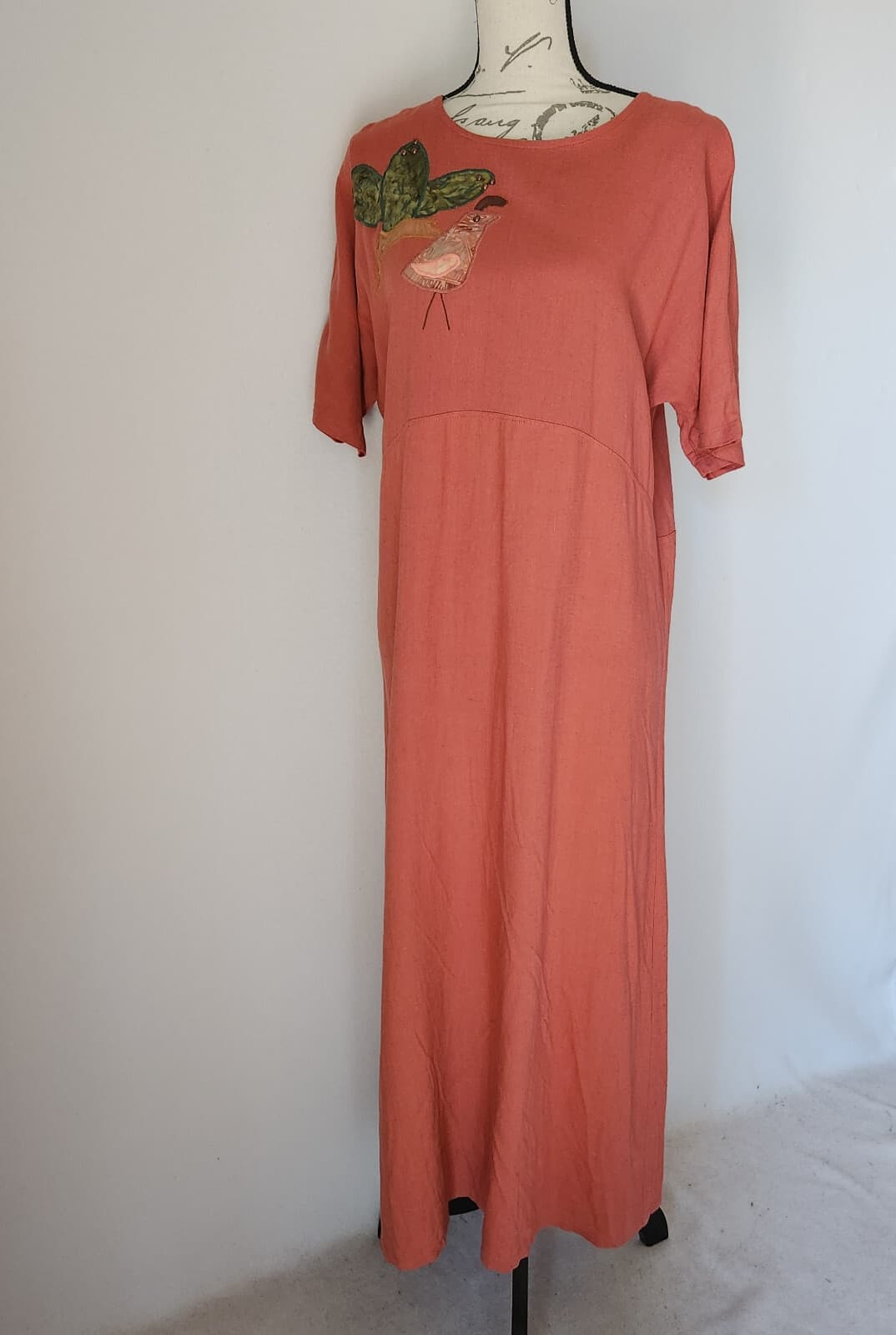 Alfredo's Wife Bird-Embroidered Tunic Maxi Dress Short Sleeve Orange Brown Sz.S