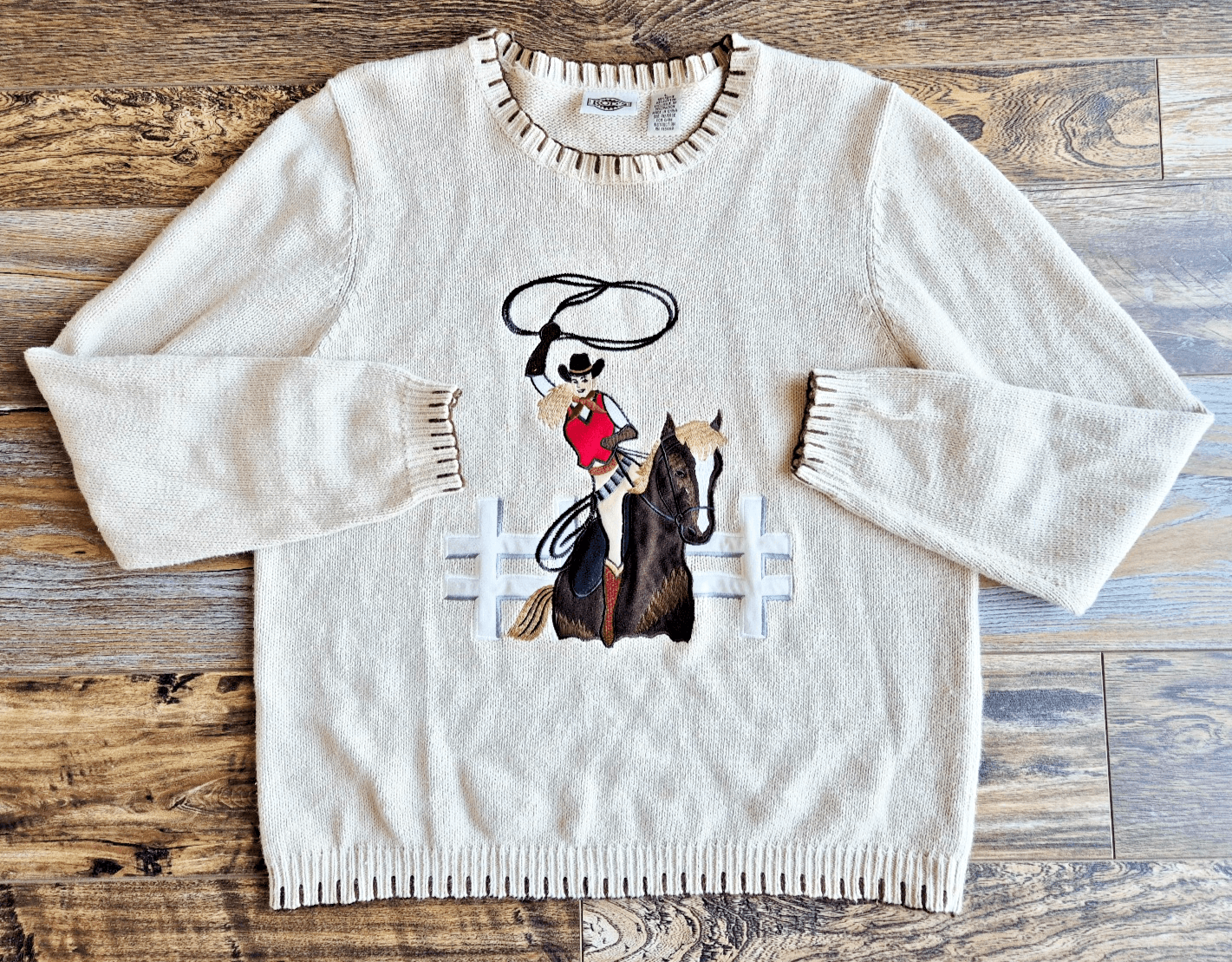 Vintage ROD'S Embroidered Western Cowgirl Crew Sweater Ramie Cotton Beige Sz.L