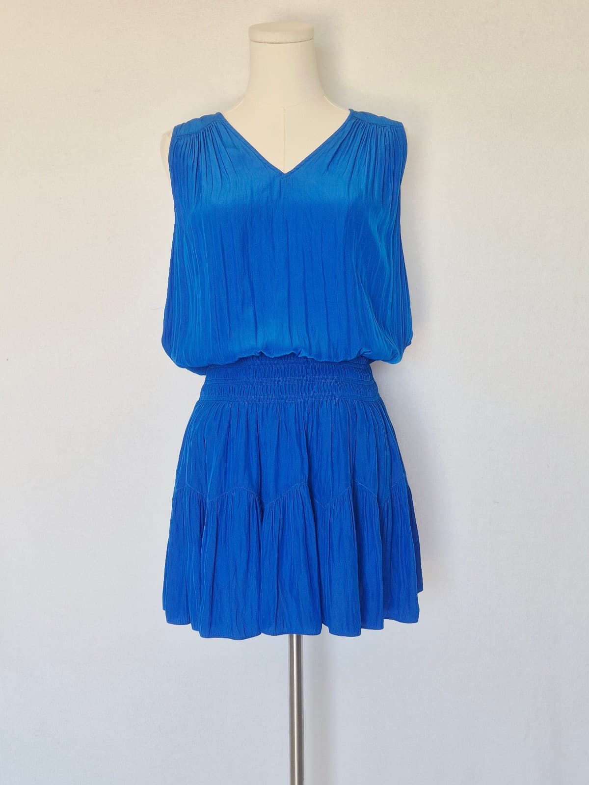 Ramy Brook Tech Perry Mini Dress Smocked Waist Sleeveless Cobalt Blue Sz.M $425