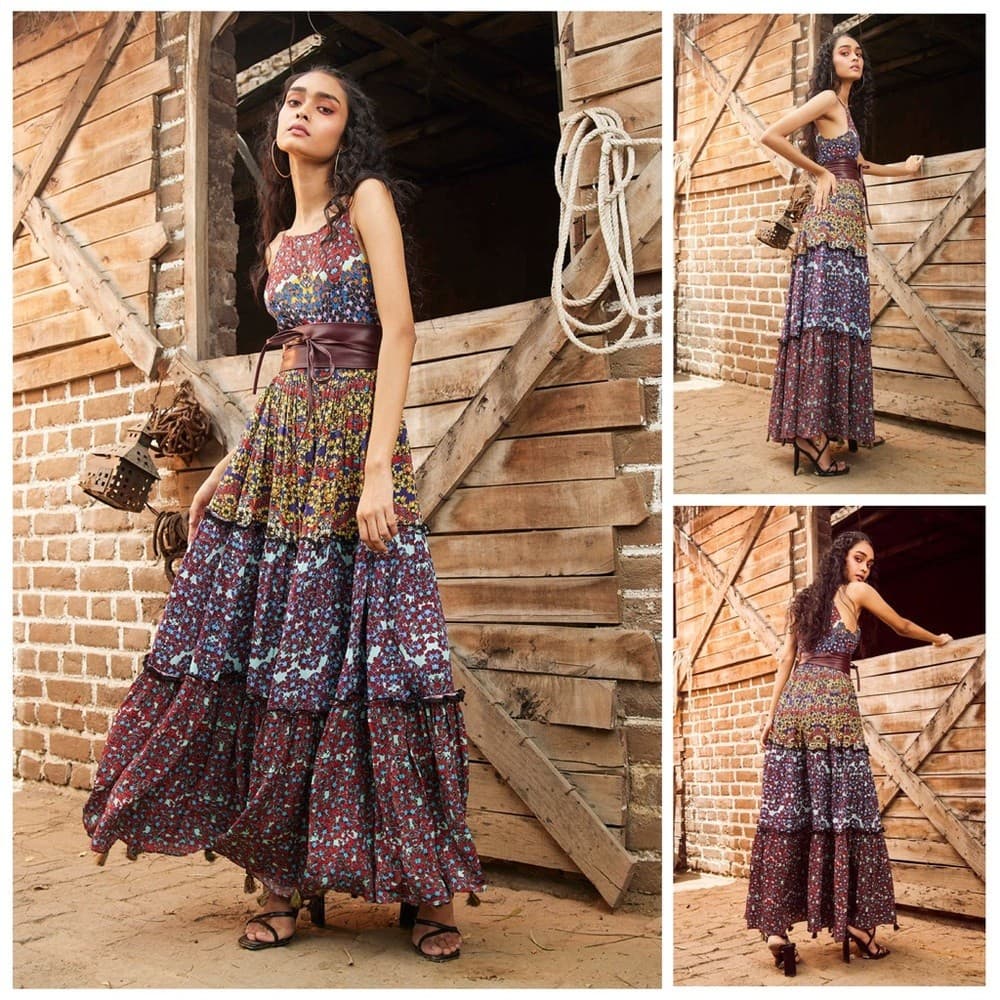 NEW Bhanuni Jyoti Anthropoloe Marala Boho-Chic Tiered Maxi Dress Belt Sz.2 $230