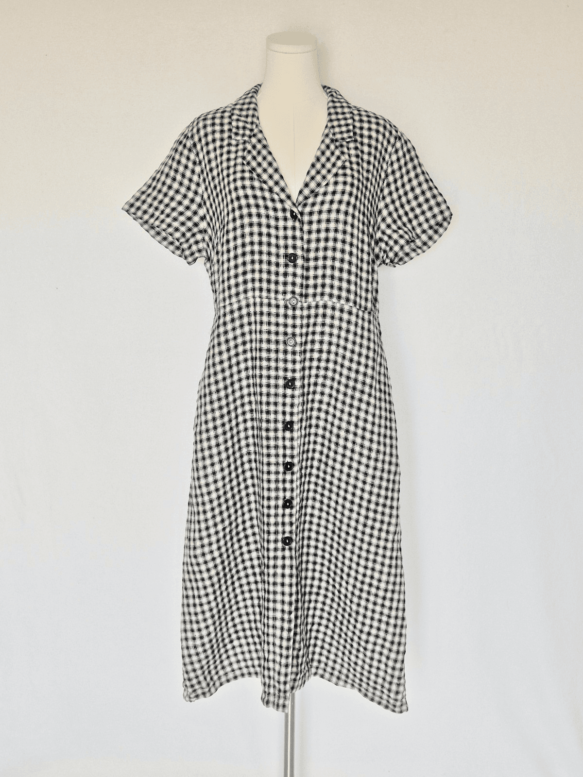 Quince European Linen Gingham Button-Front Shirt Dress Short Sleeve Black Sz.L