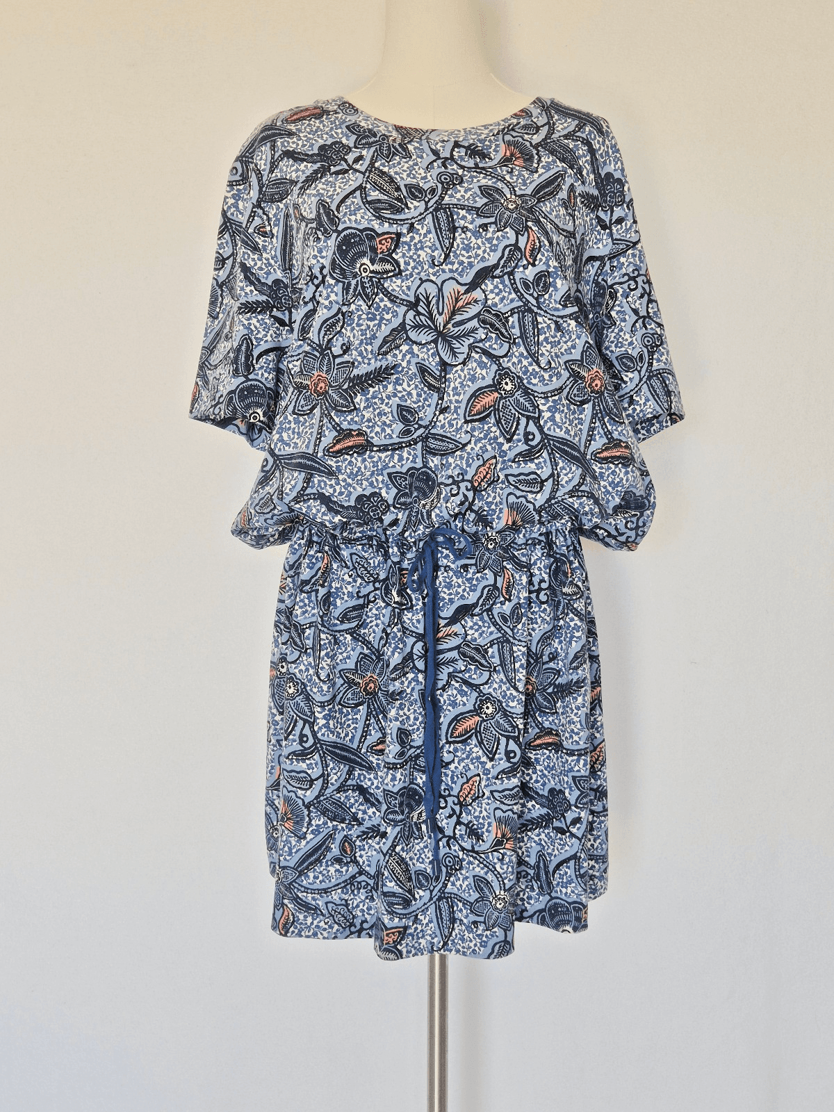 Tory Burch Floral Dropwaist Drawstring Dress Short Sleeve Blue Knit Cotton Sz.XL