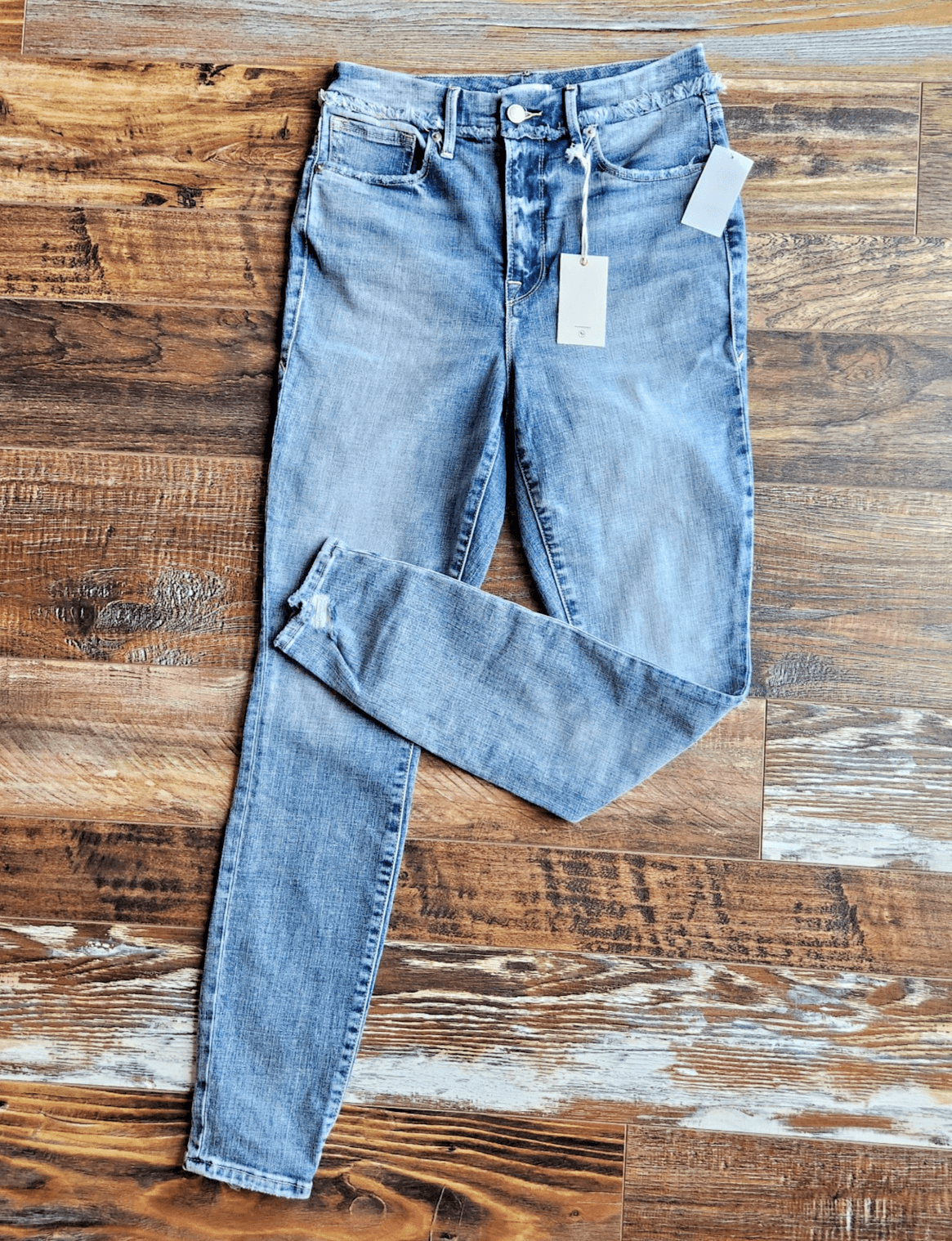 NWT Good American Good Waist Extreme Deep V Skinny Jeans Distressed Blue630 8/29