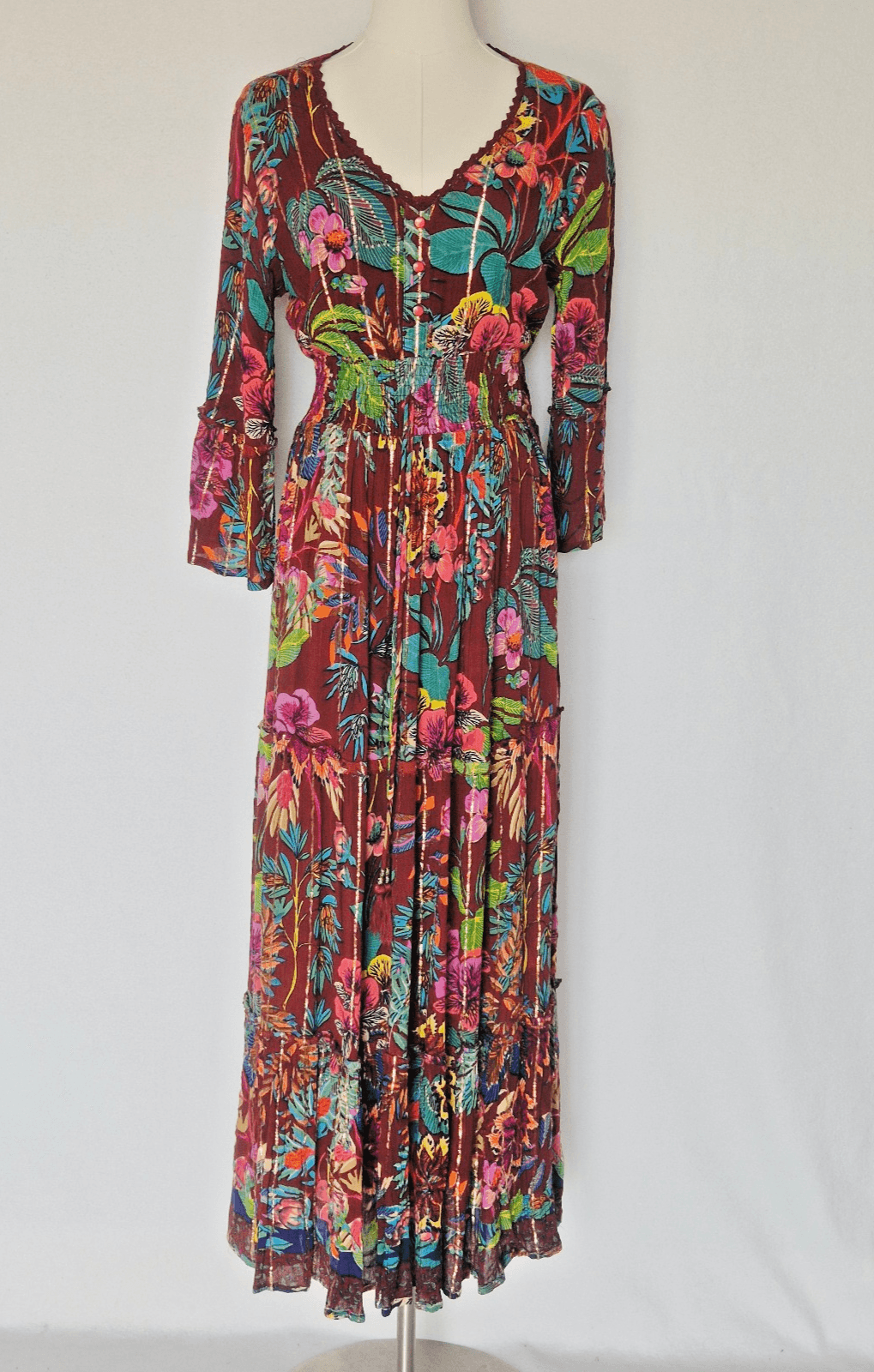 NEW Me 2 Magic Floral Boho Maxi Dress Smocked Tiered Crinkle Brown Metallic Sz.S