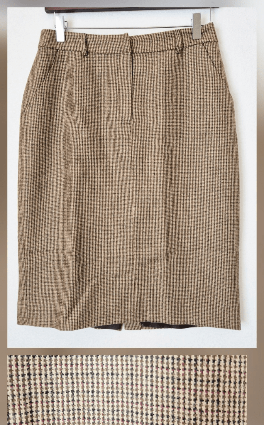 Vintage Lauren Ralph Lauren Wool Houndstooth Tweed Straight Skirt Slit Brown 8P