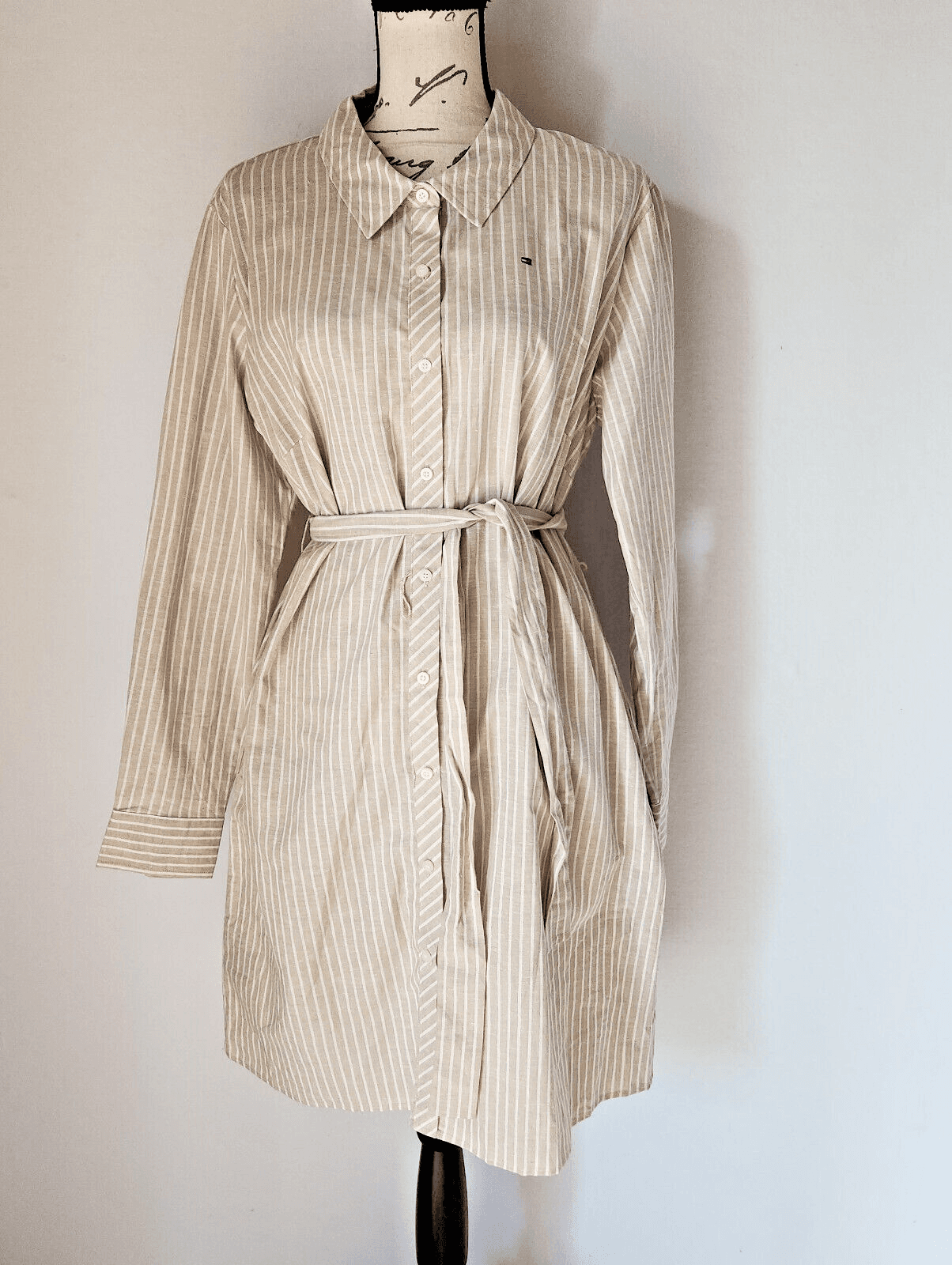 NWT Tommy Hilfiger Linen Blend Belted Shirt-Dress Long Sleeve Striped Beige 12