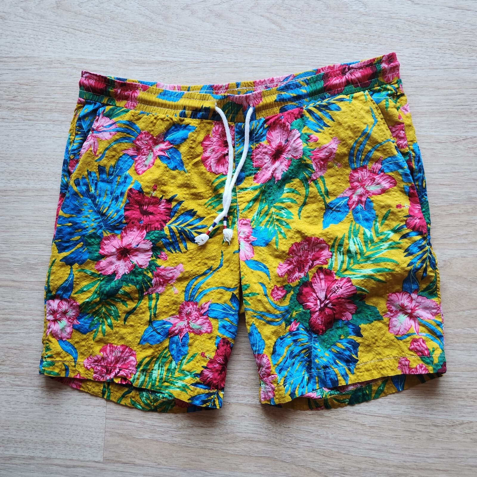 JOGAL Men's XL Floral Casual Aloha Hawaiian Shorts Drawstring Pocket Multicolor