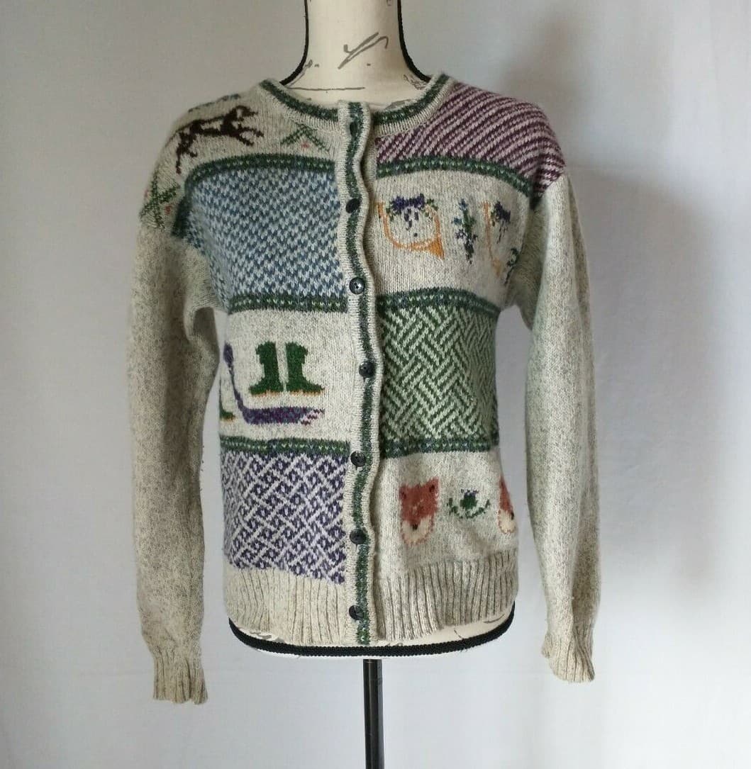 Vintage'80 Woolrich Wool Blend Animal Ski Winter Cardigan Button Grey Woman Sz.S