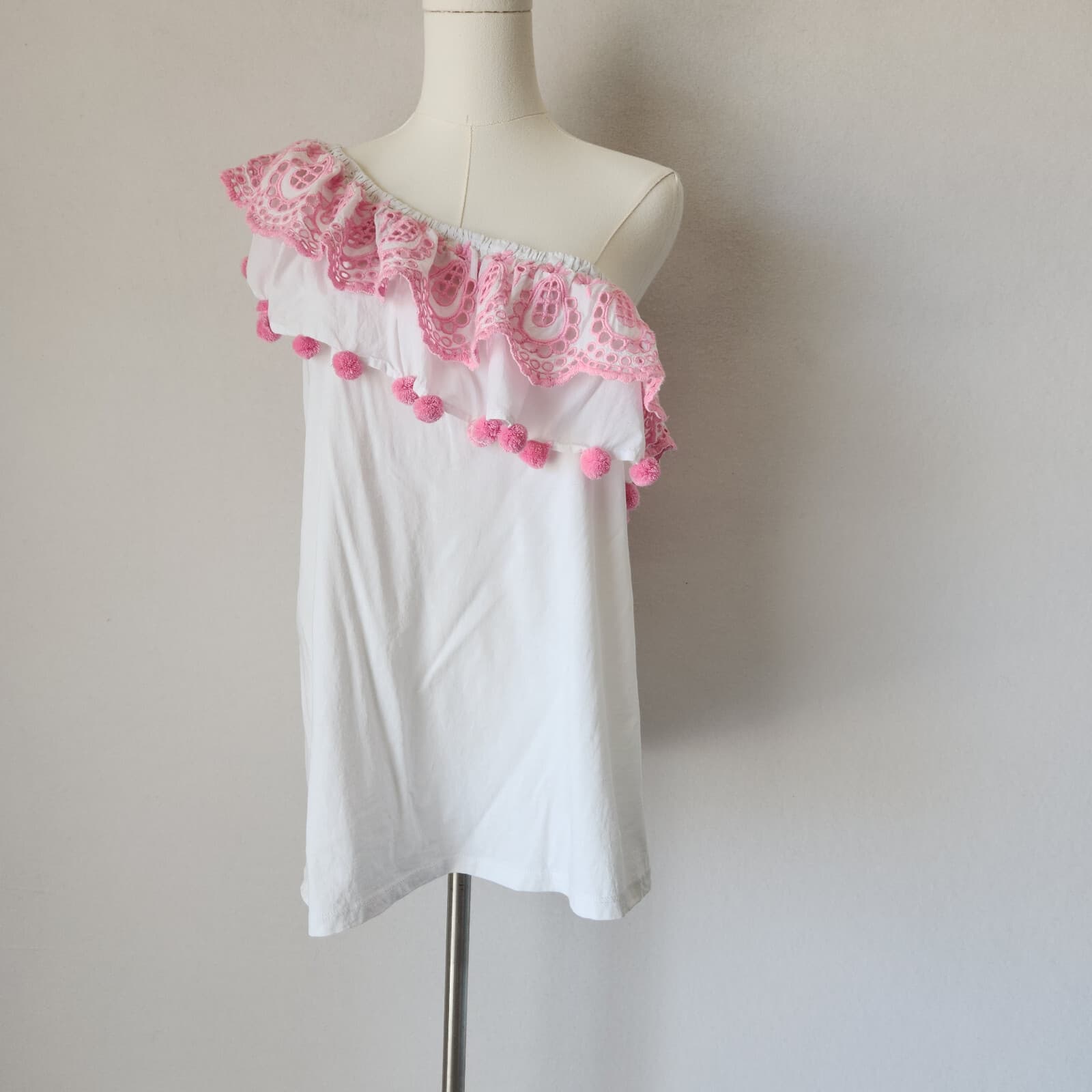 Lilly Pulitzer Idara One Shoulder Top Eyelet Pompom White Pink Pima Cotton Sz.XL