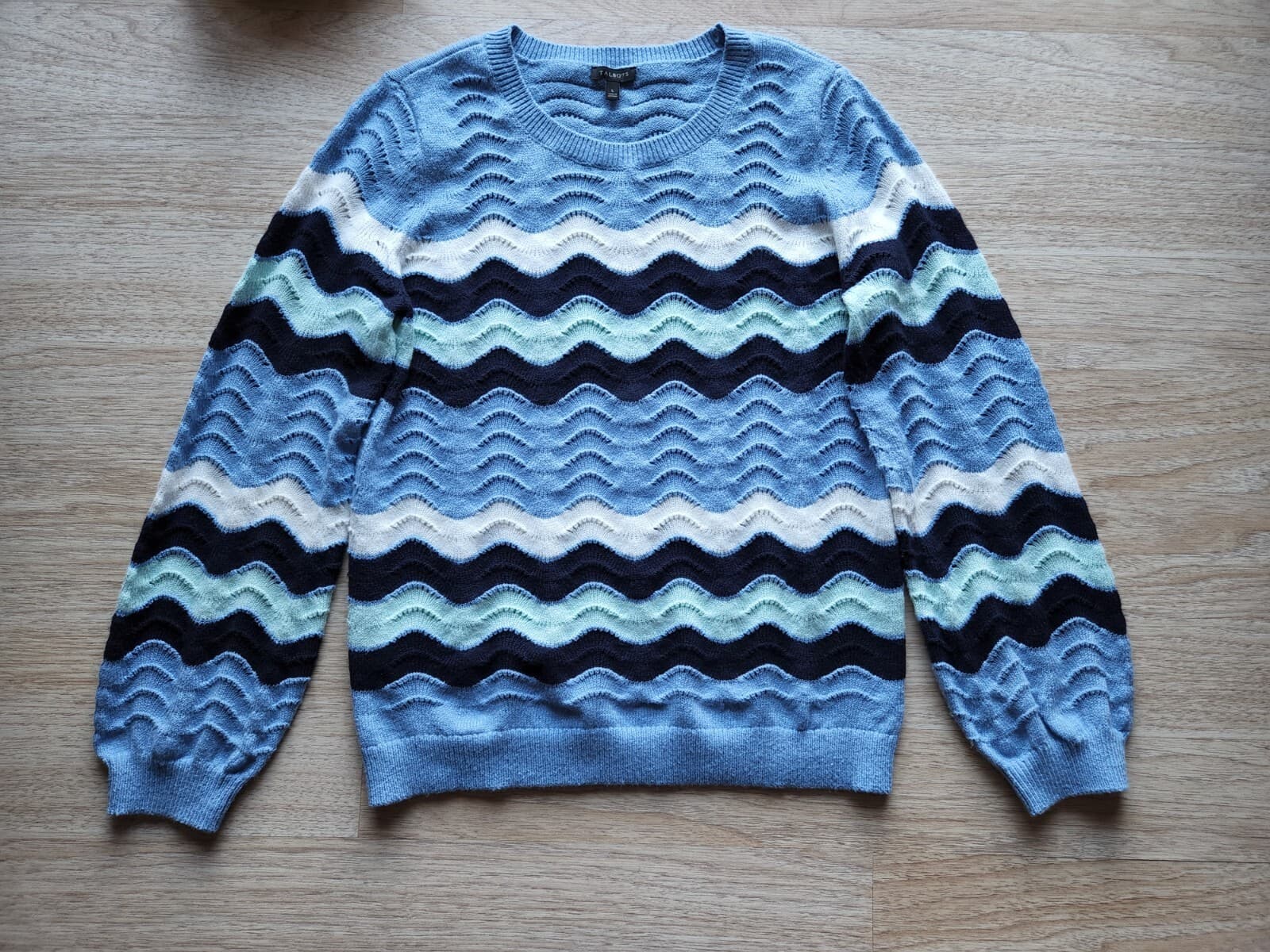 Talbots Wave Strips Sweater Long Balloon Sleeve Tranquil Blue Cotton Blend Sz.L
