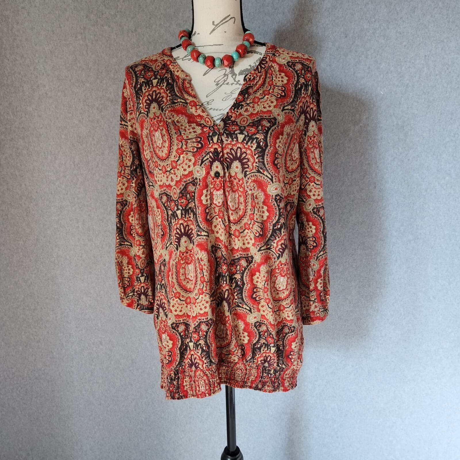 Lucky Brand Paisley Cotton Blend Smock Waist Top 3/4 Sleeve Multicolor Women L
