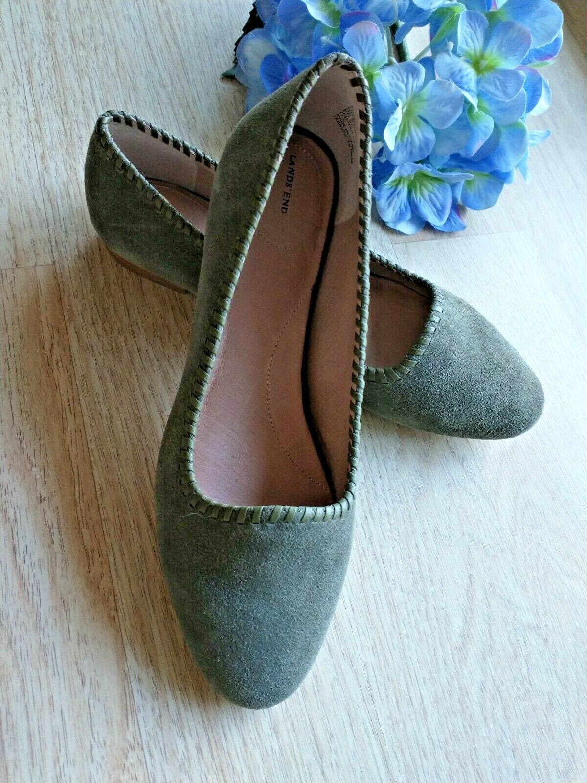Lands' End Suede Whip Stitching Loafer Flat Slip-On Green Women US8.5B EU39