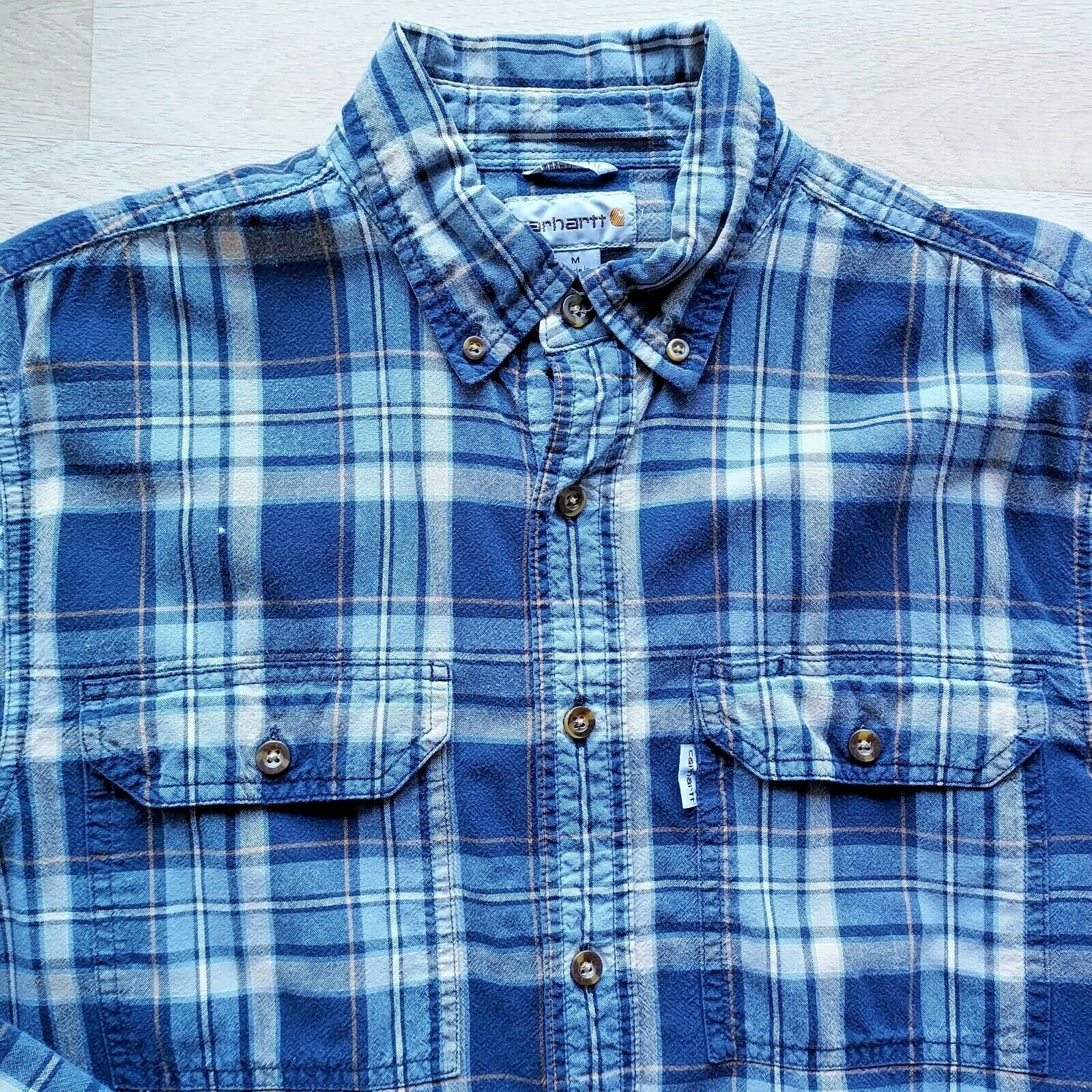 Carhartt Relaxed Fit Shirt Button-Down Long Sleeve Plaid Blue 100%Cotton Men M