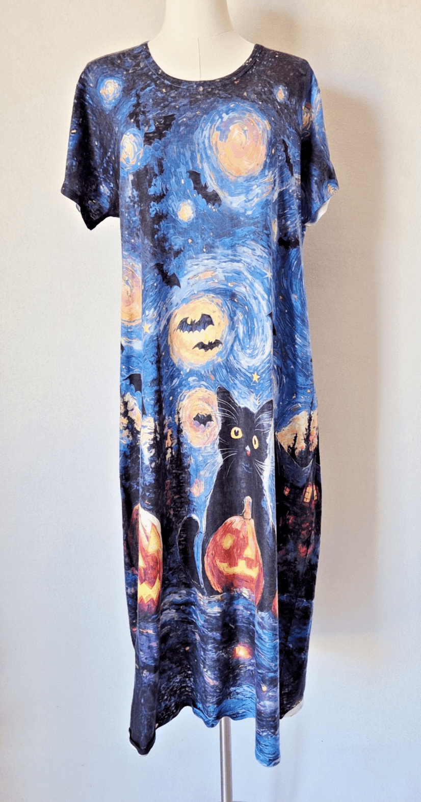 Et' Lois Black Cat Jack-o' Lanterns Van Gogh Starry Night Maxi T-Shirt Dress XL