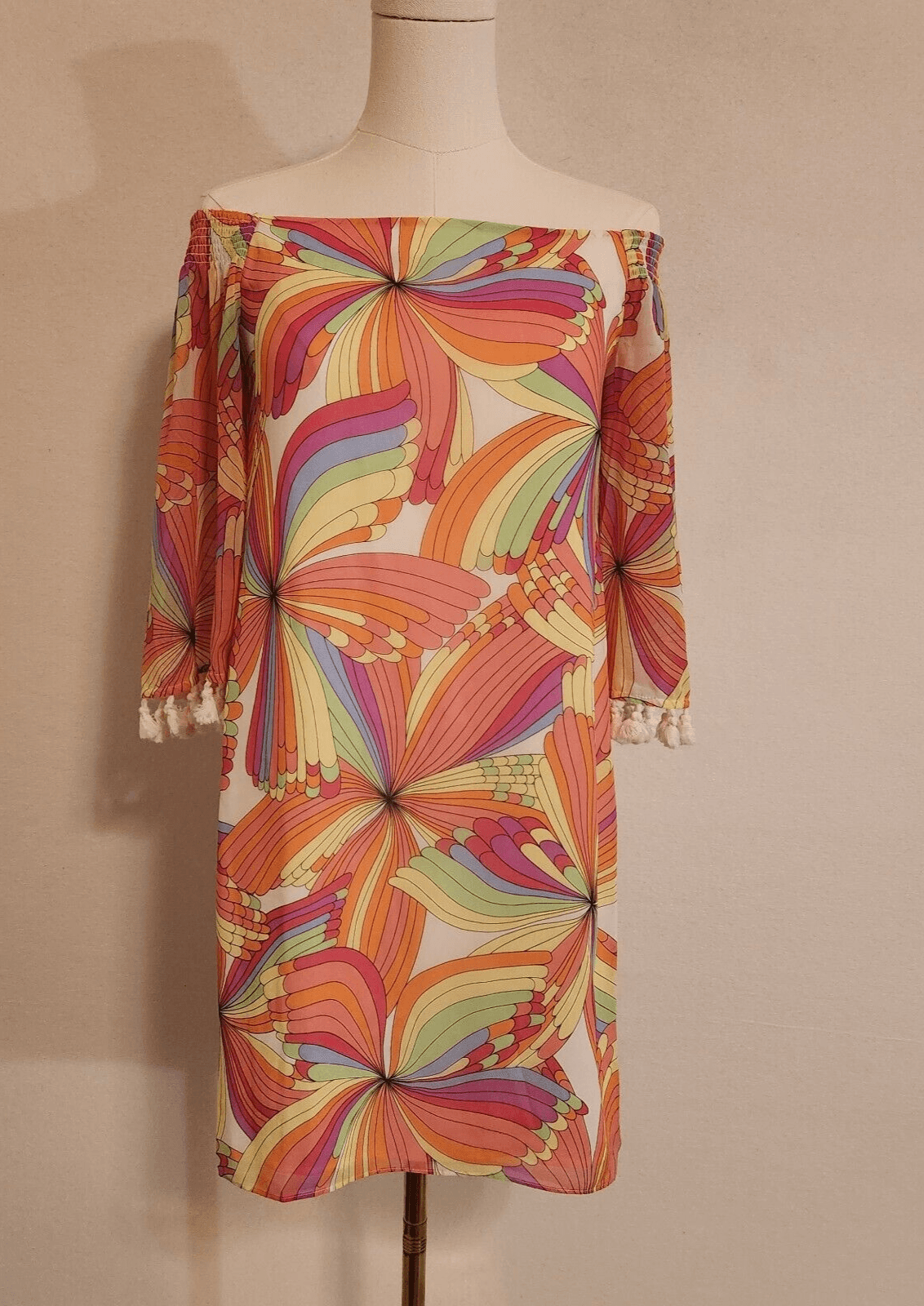 Trina Turk Amaris Off-Shoulder Mini Shift Dress Tassel Geo-Printed Multicolor XS
