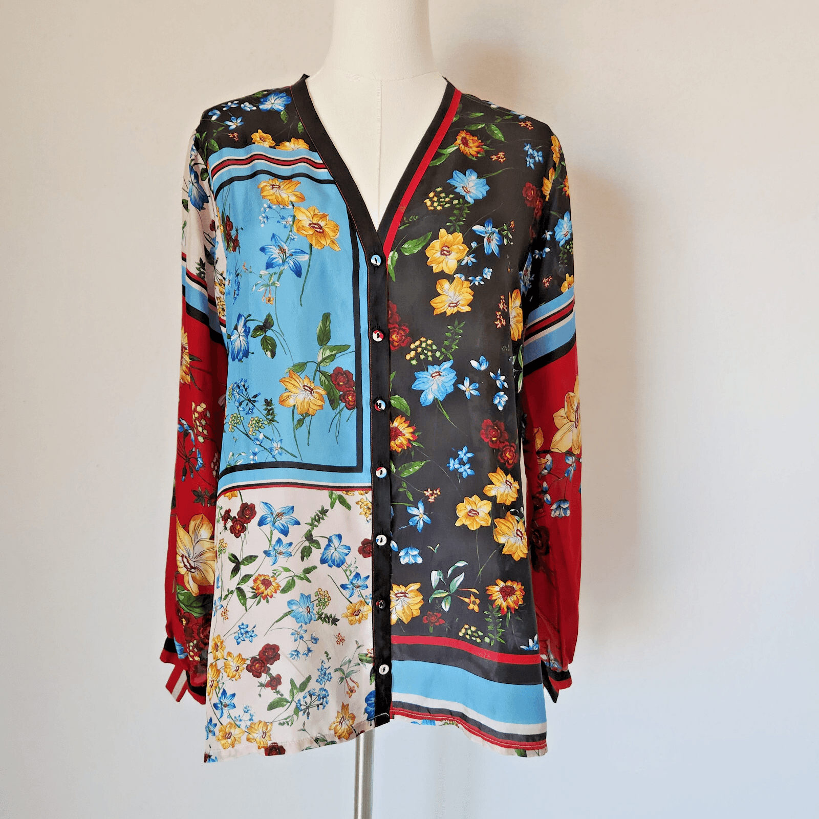 Johnny Was Perdita 100% Silk Satin Button-Front Blouse V-Neck Long Sleeve Sz.S