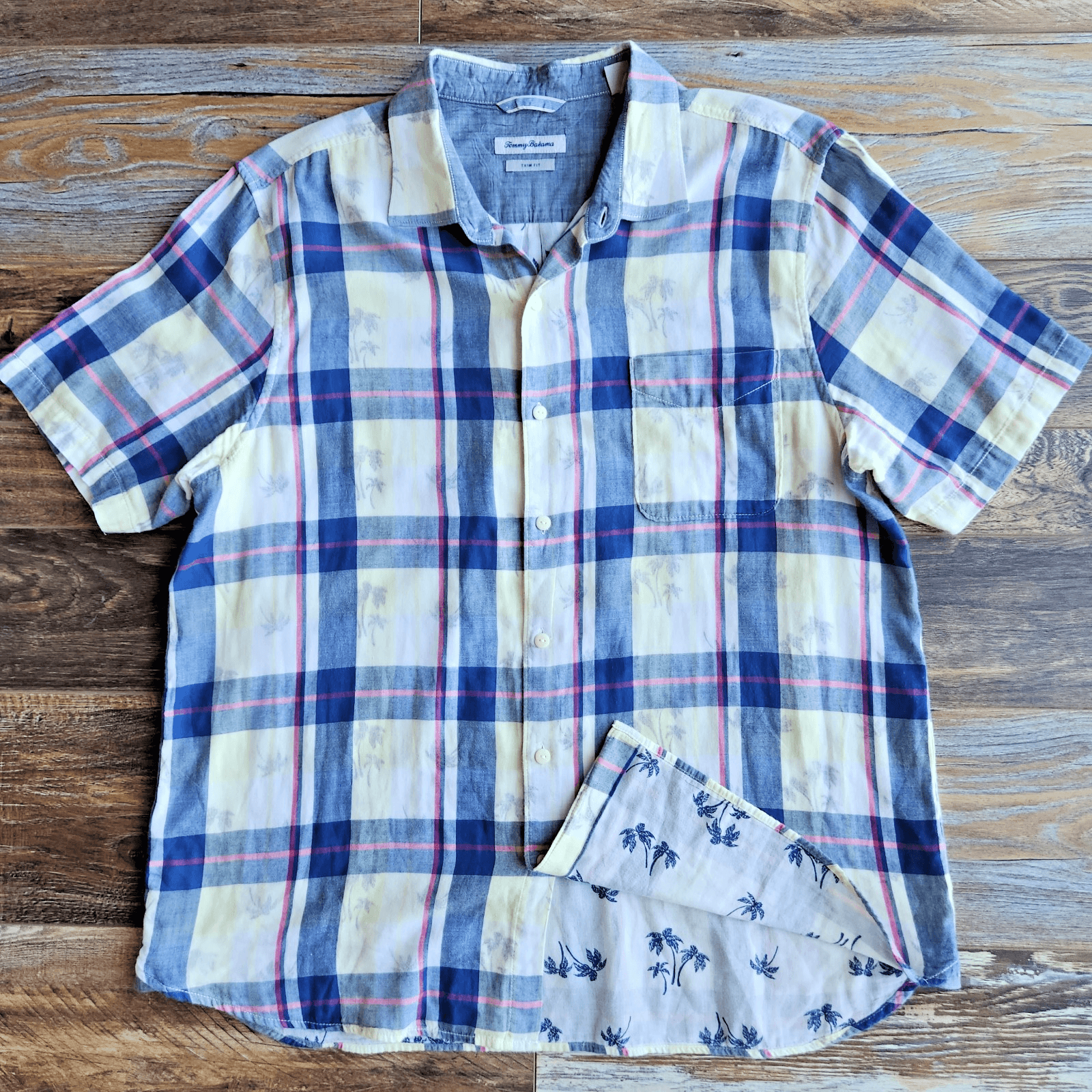 Tommy Bahama Double-Face Palm Tree Plaid Trim Fit Shirt Short Sleeve Men's XXL
