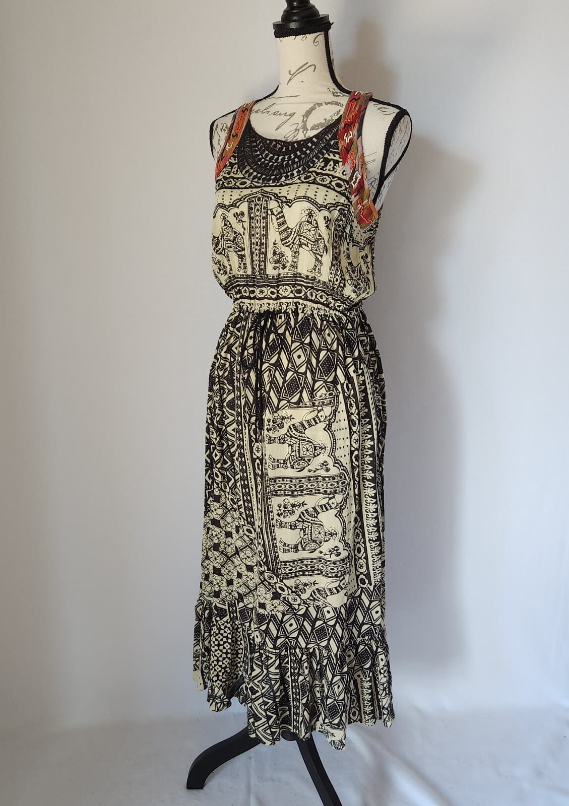 Lucky Brand Beaded Desert Crochet Midi Dress Waist Drawstring Black Cream Sz.S