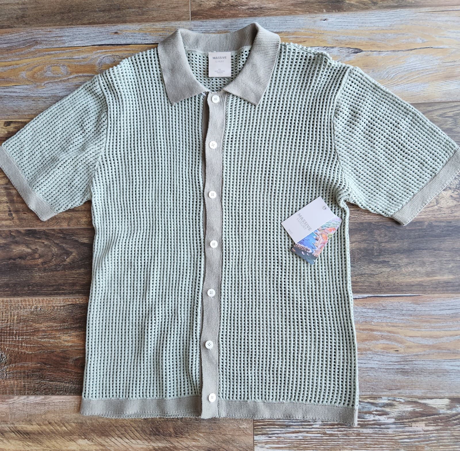 NWT MASSIVE Luxury Knit Crochet Grandpa Button Shirt Short Sleeve Green Men's XL