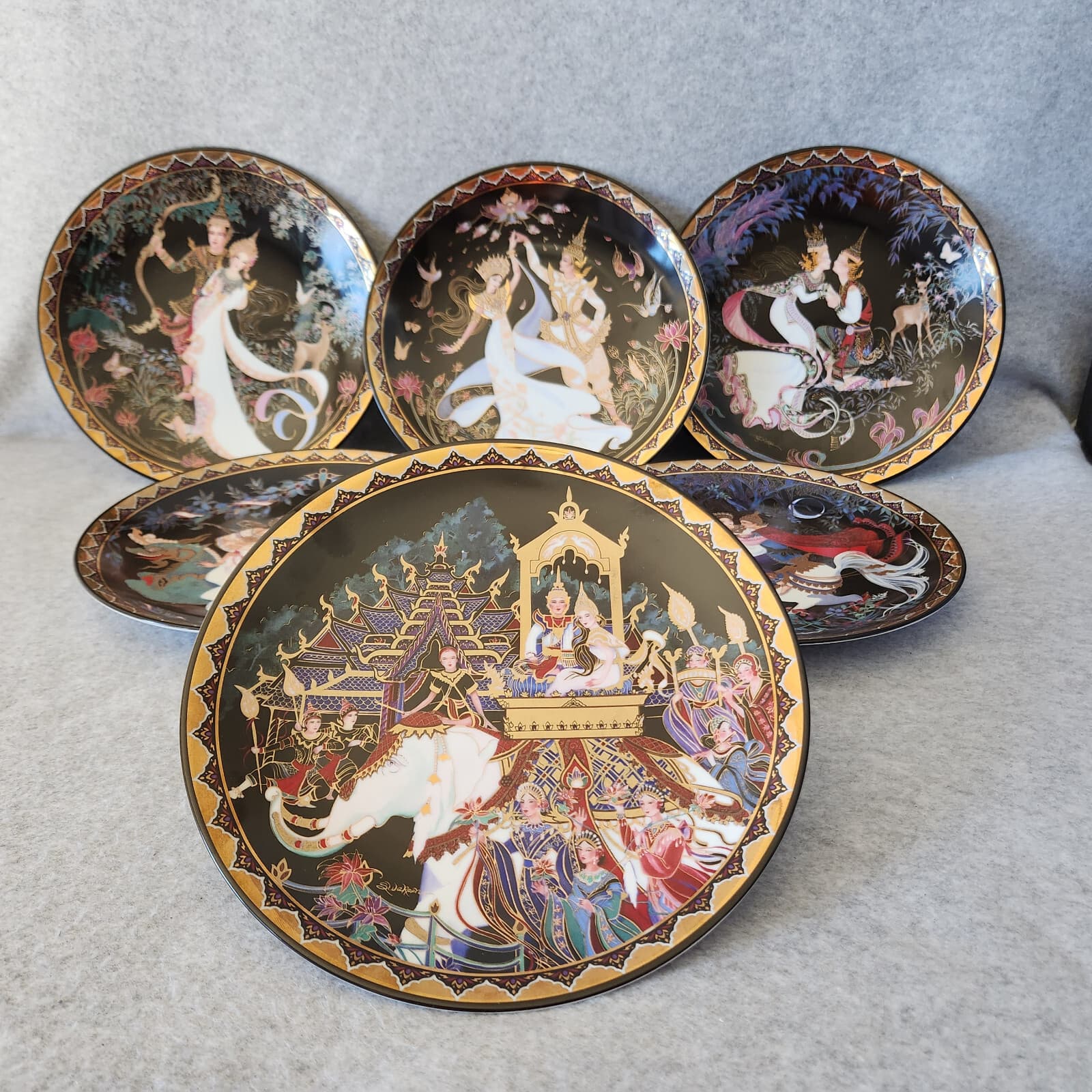 Set of 6 Royal Porcelain Ramayana Siam/Thai Literary Canon 22K Gold Decorated