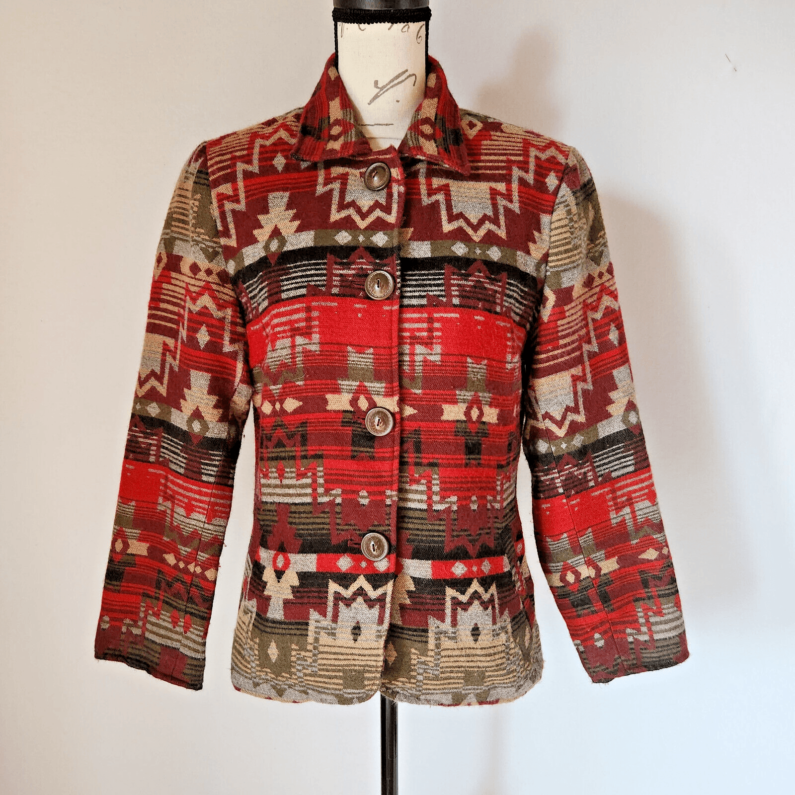 Coldwater Creek Aztec Tribal Southwest Wool Blend Jacket Button Multicolor Sz.10