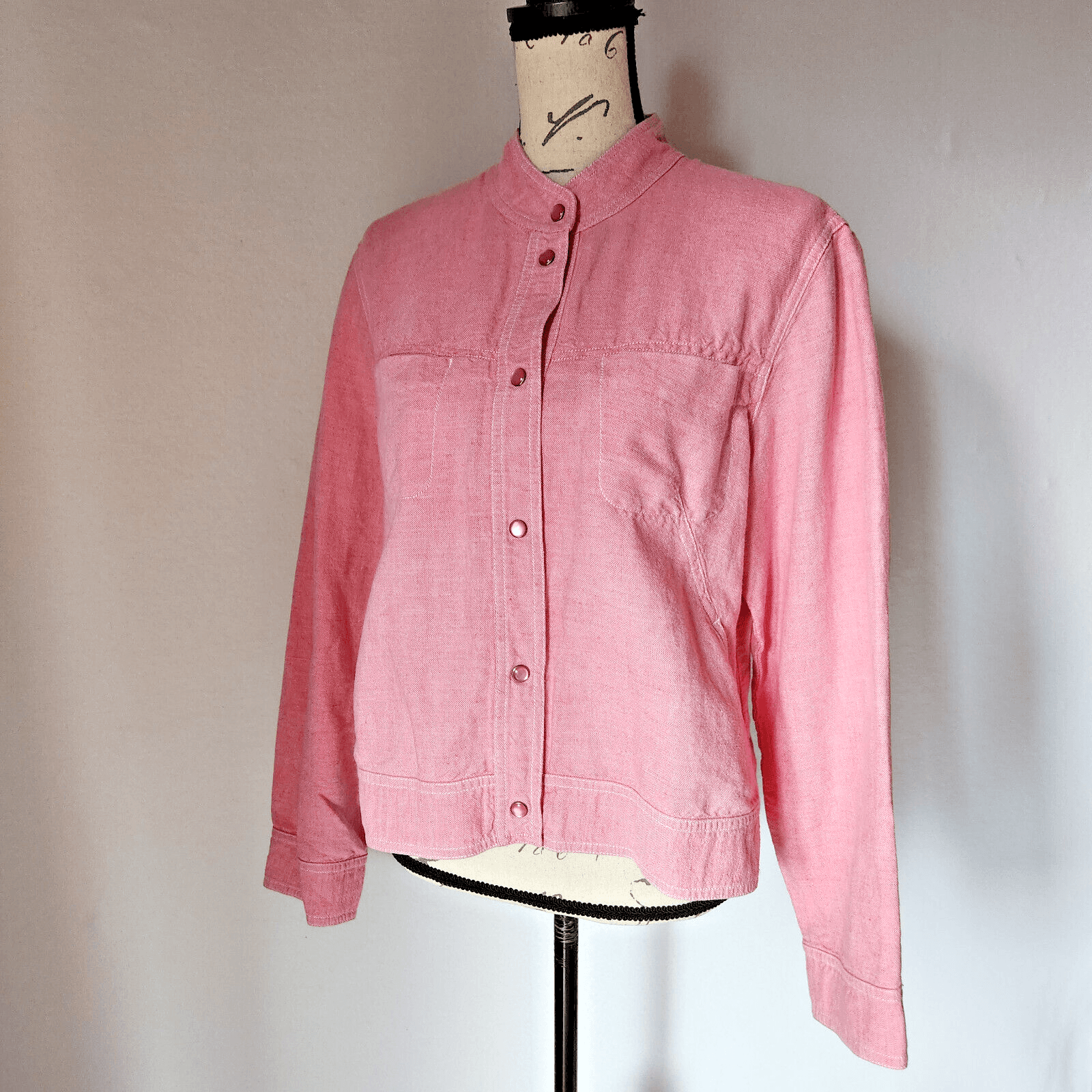 Vintage J.Jill Linen Cotton Blend Jacket Pearl Snap High Neck Pocket Pink Sz.L