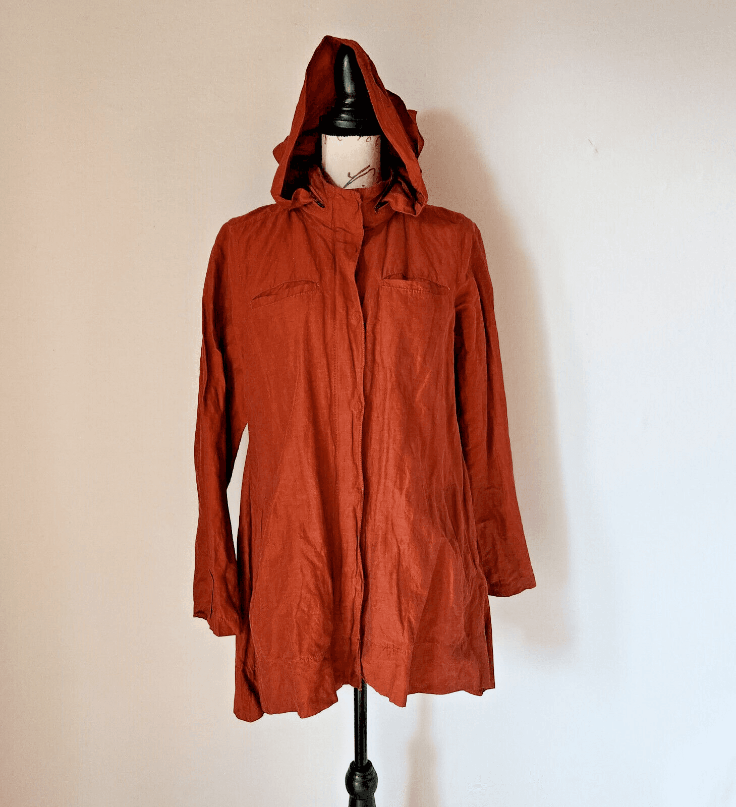 EILEEN FISHER Windbreaker Active Hooded Jacket Zip/Snap Cotton Blend Burgundy S