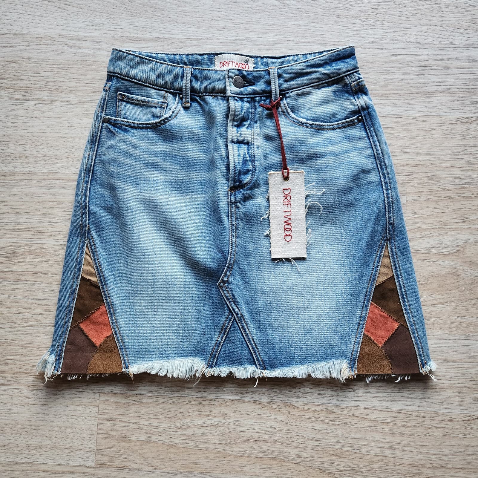 NWT Drifwood Steph Denim Suede Mini Skirt Button-Fly Raw Hem Blue Womens 25 $118