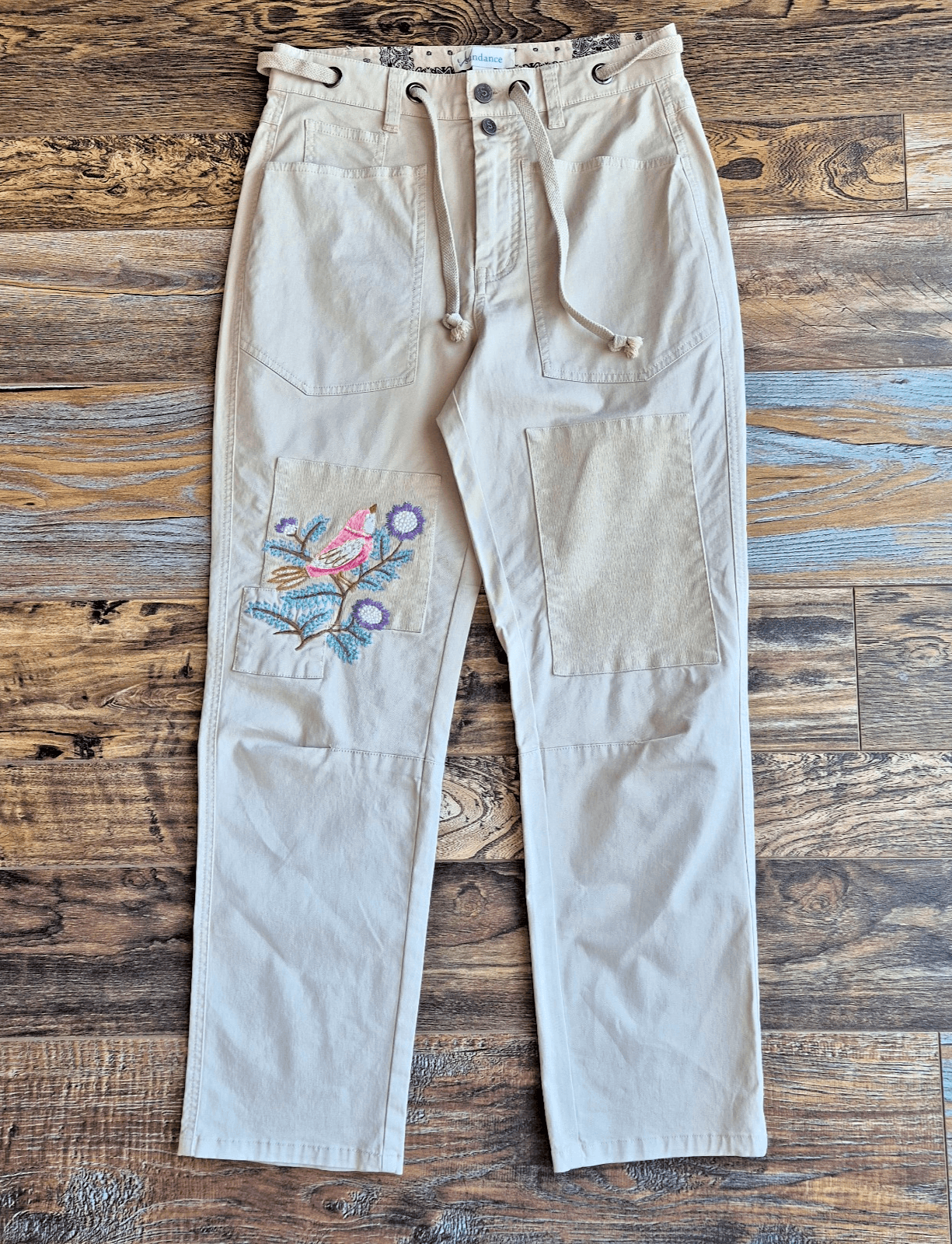 Sundance Bird Embroidered Straight Ankle Pants Zip Drawstring Beige Women's 2