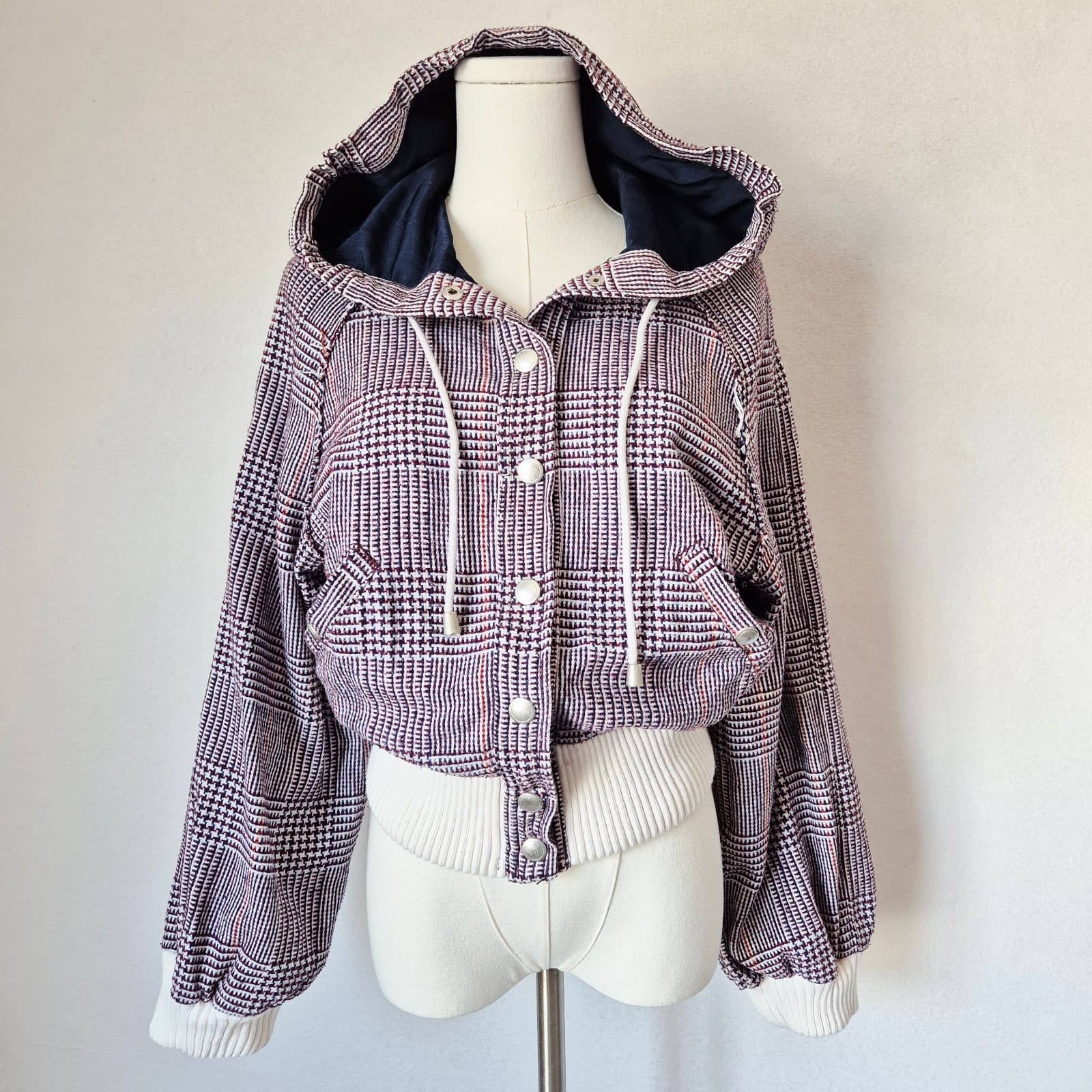 Free People Fabian Plaid Hoodie Bomber Jacket Snap Pocket Purple White Womens XS