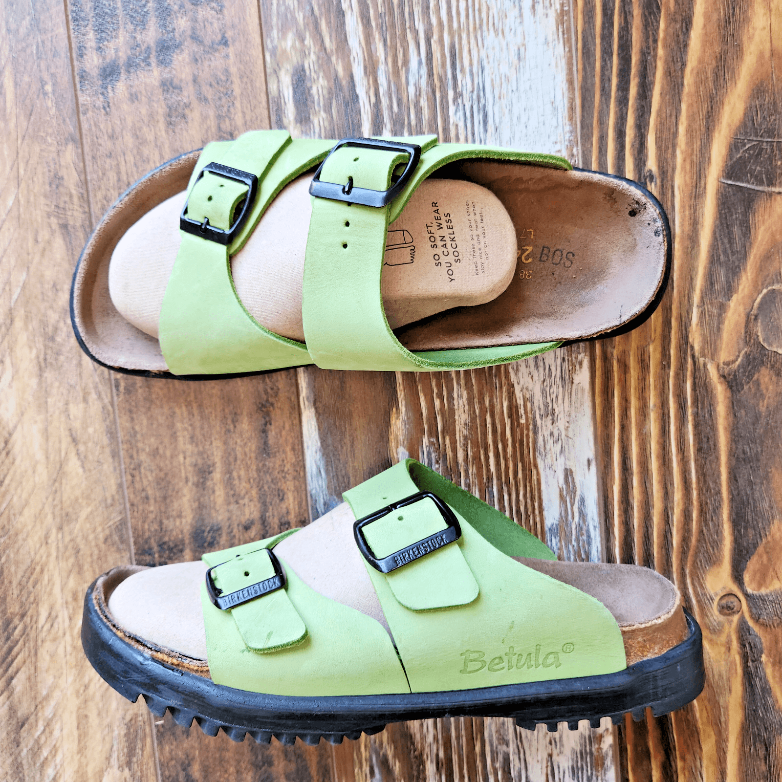 Birkenstock Betula Leather Cork-Footbed Big Buckle Sandals Double Strap Green 38