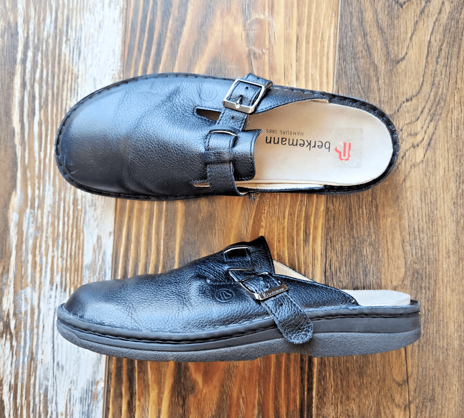 Berkemann Berkoflex Calfskin Leather Clog Mule Adjustable Buckle Black Men US8.5